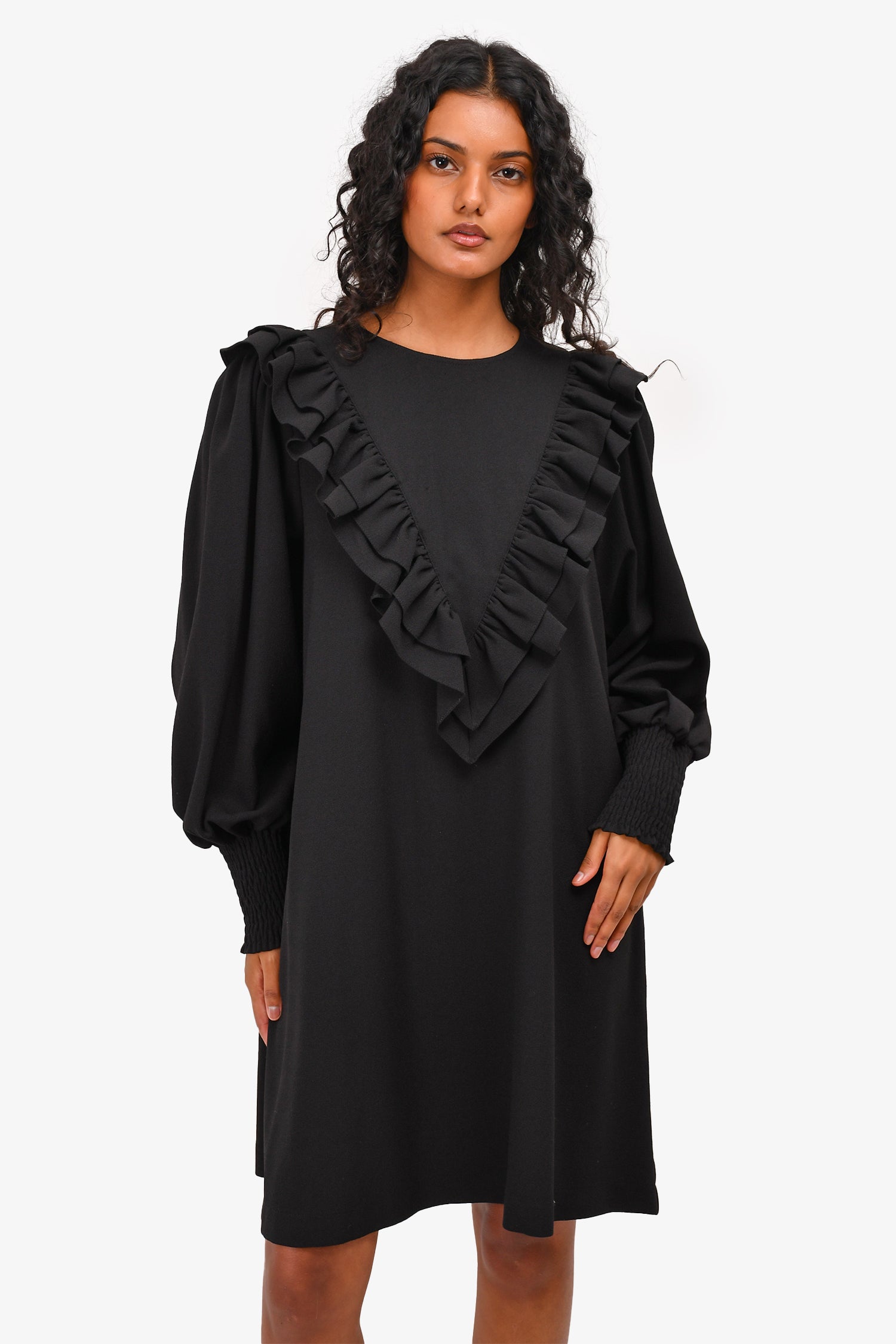 ganni black ruffle dress Front Size 38 – Mine & Yours maxi shoulder ruffles HOUSE OF CB Carlotta elongated leg line US Size:22