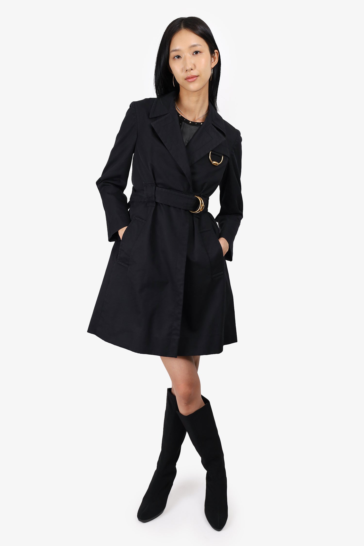 Gucci Black Gold Horsebit Detail Belted Trench Coat Size 42 – Mine