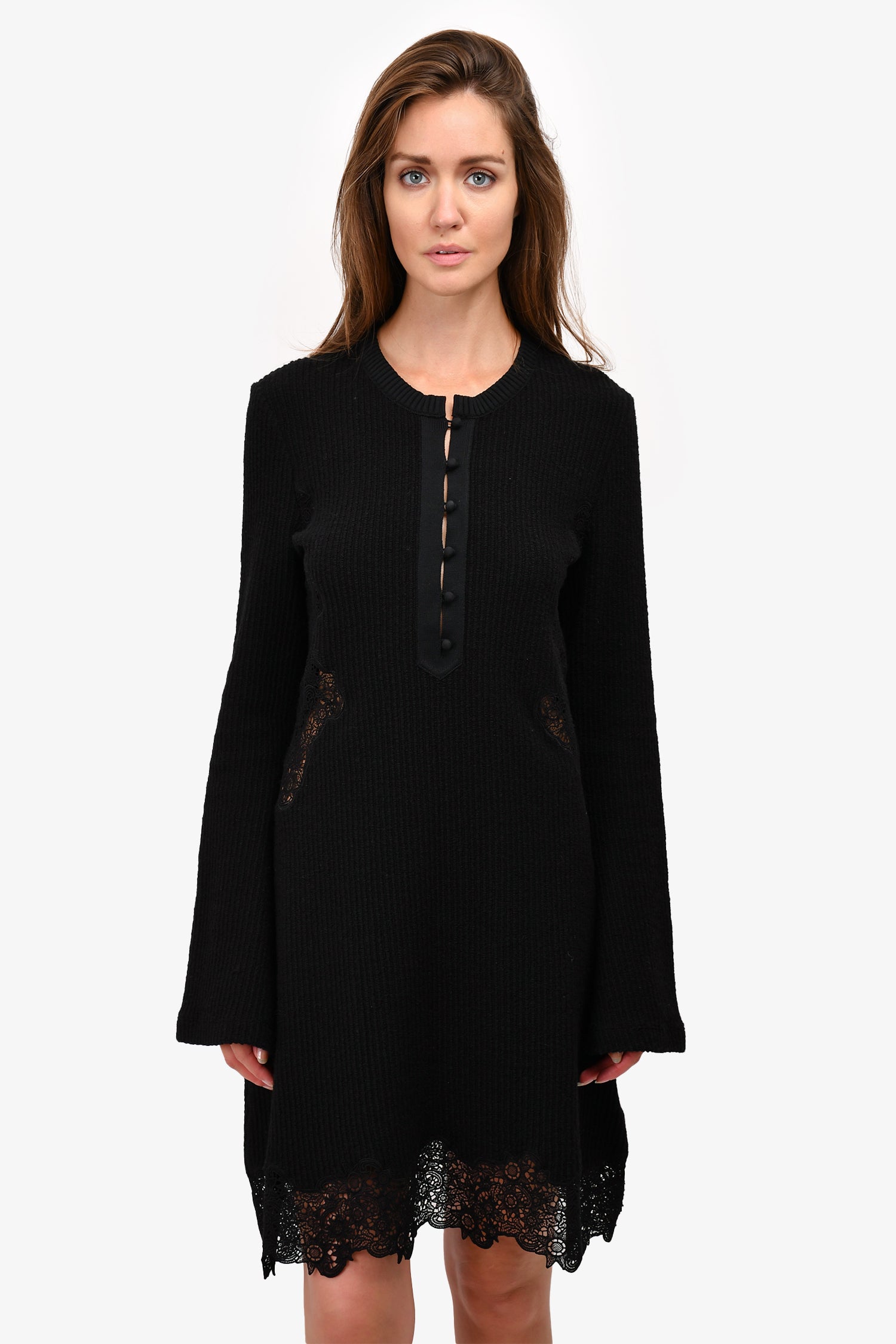 Chloe Black Virgin Wool Knit Dress with Eyelet Lace Trim Size 40 – Mine &  Yours