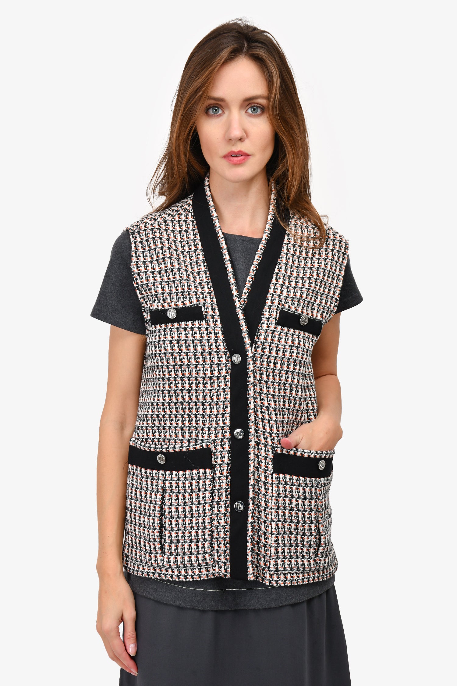 maje-orange-black-white-tweed-vest-jacket-size-36-mine-yours