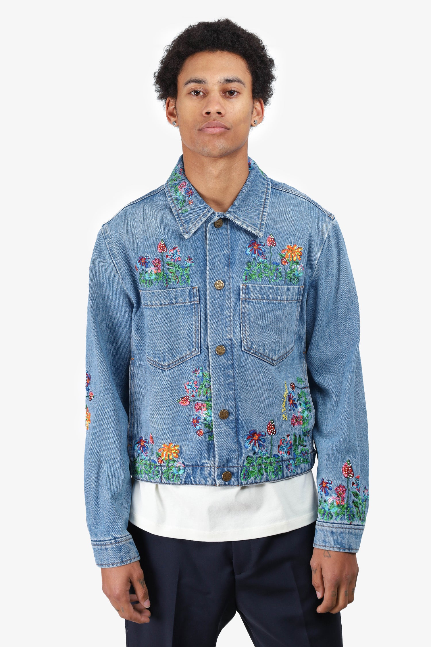 Louis Vuitton Blue Floral Embroidered Denim Jacket Size 46