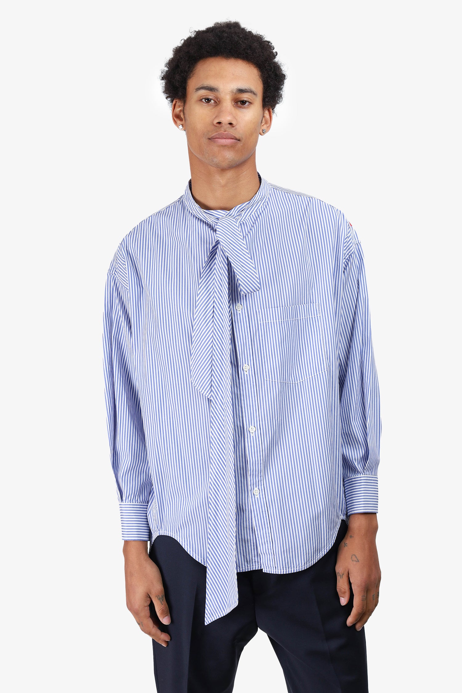 Balenciaga Blue Striped Cotton Neck Tie Detail Oversized Shirt