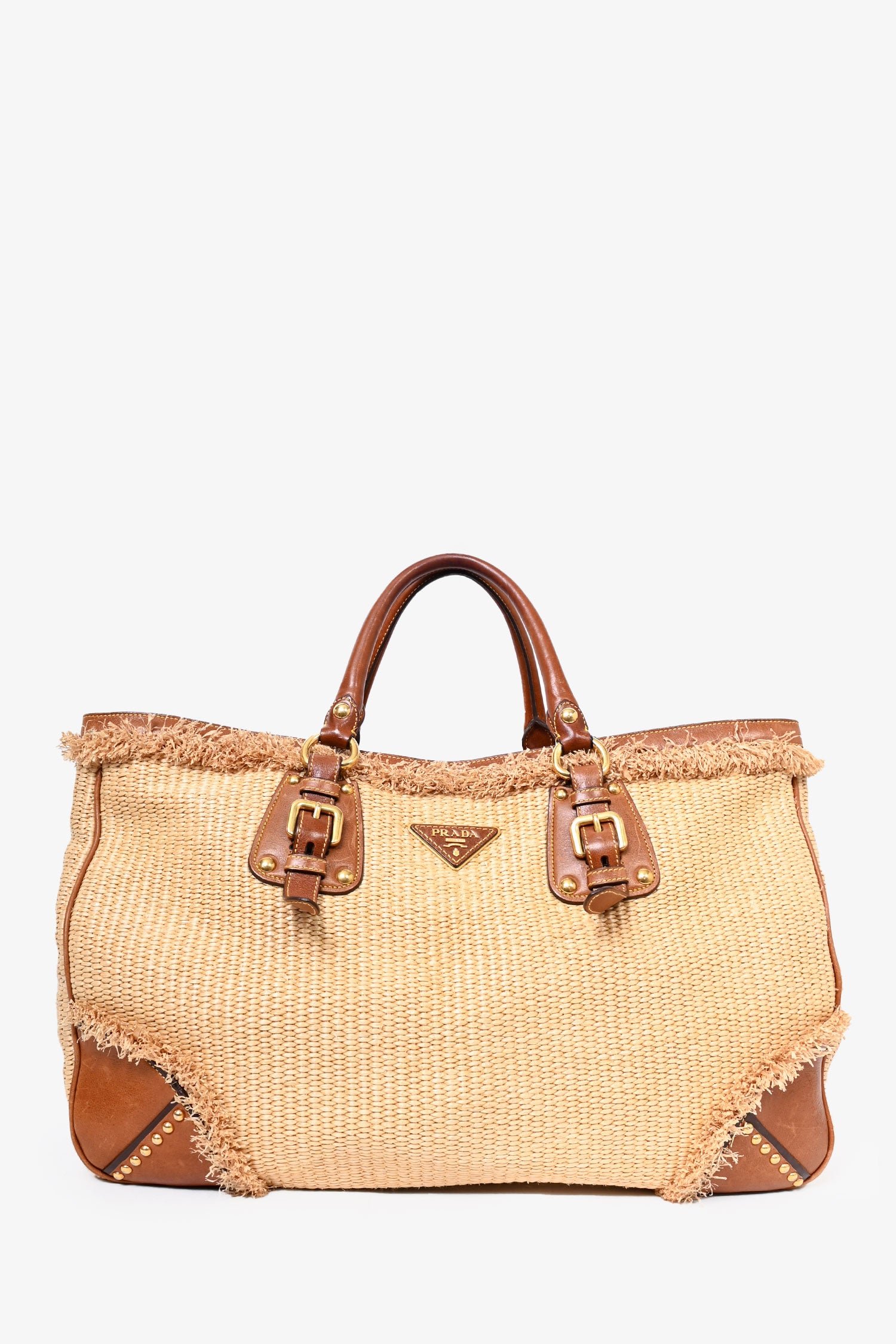 Prada Beige Raffia Brown Leather Trim Paglia Large Tote with 