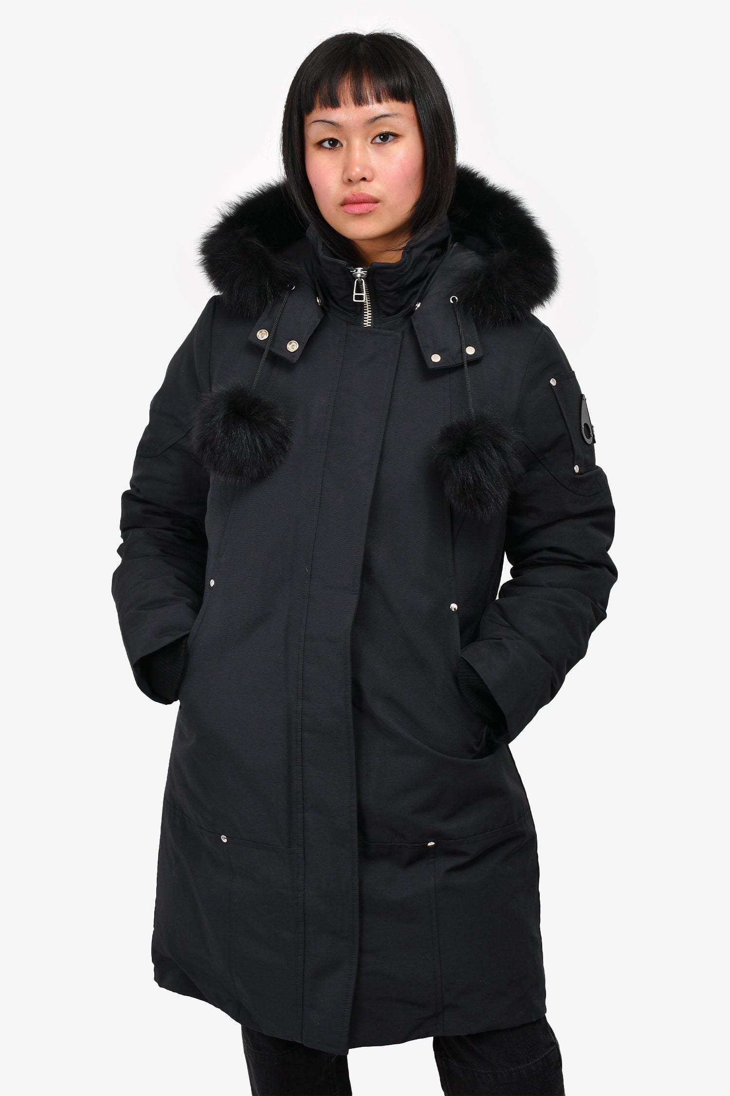 Moose Knuckles Black Down 'Stirling' Coat with Fur Hood Size L