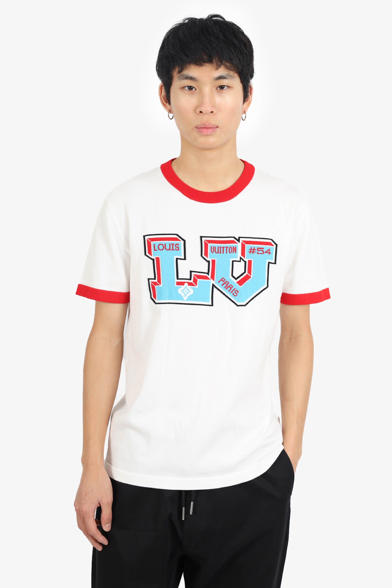 Louis Vuitton White/Red Signature LV Knit Short Sleeve T-Shirt