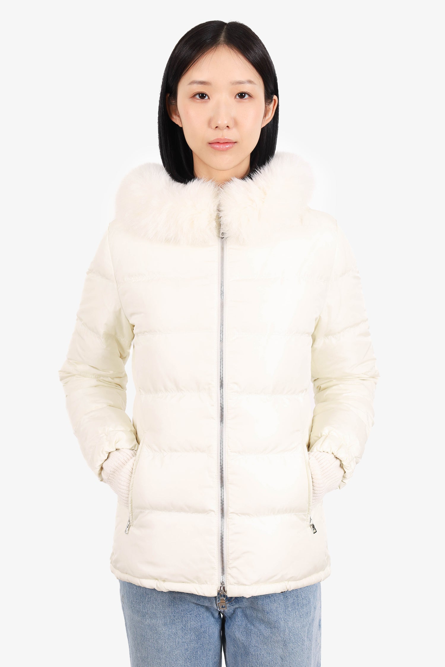 Prada Sport White Nylon Down/Fox Fur Puffer Jacket SIze 42 – Mine