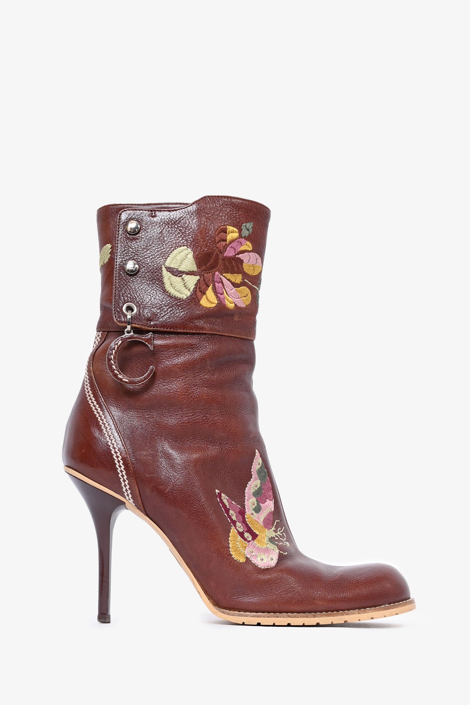Christian Dior by John Galliano Brown Leather Flower Embroidered