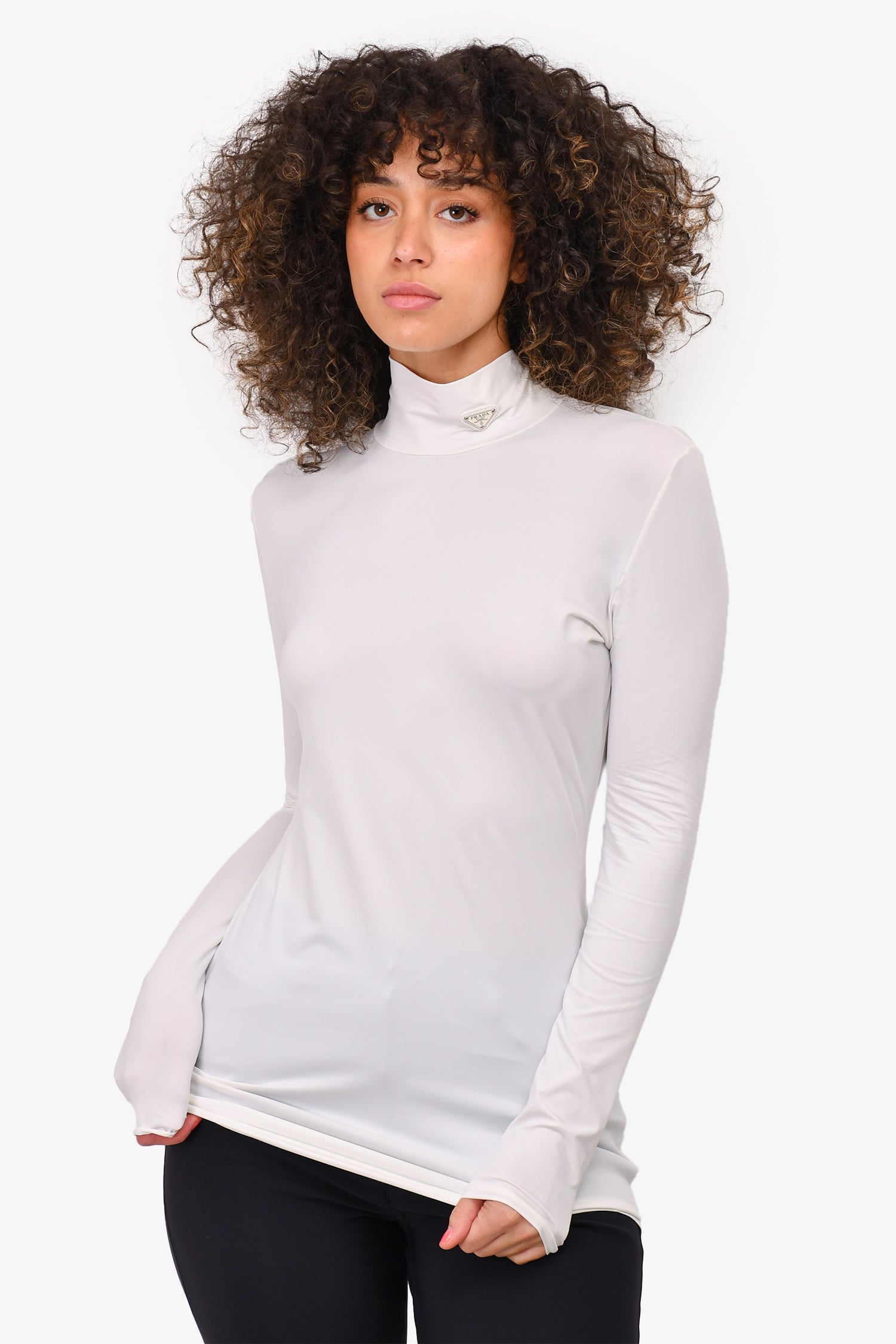Prada White Stretch Jersey Turtleneck with Triangle Logo Size 44 