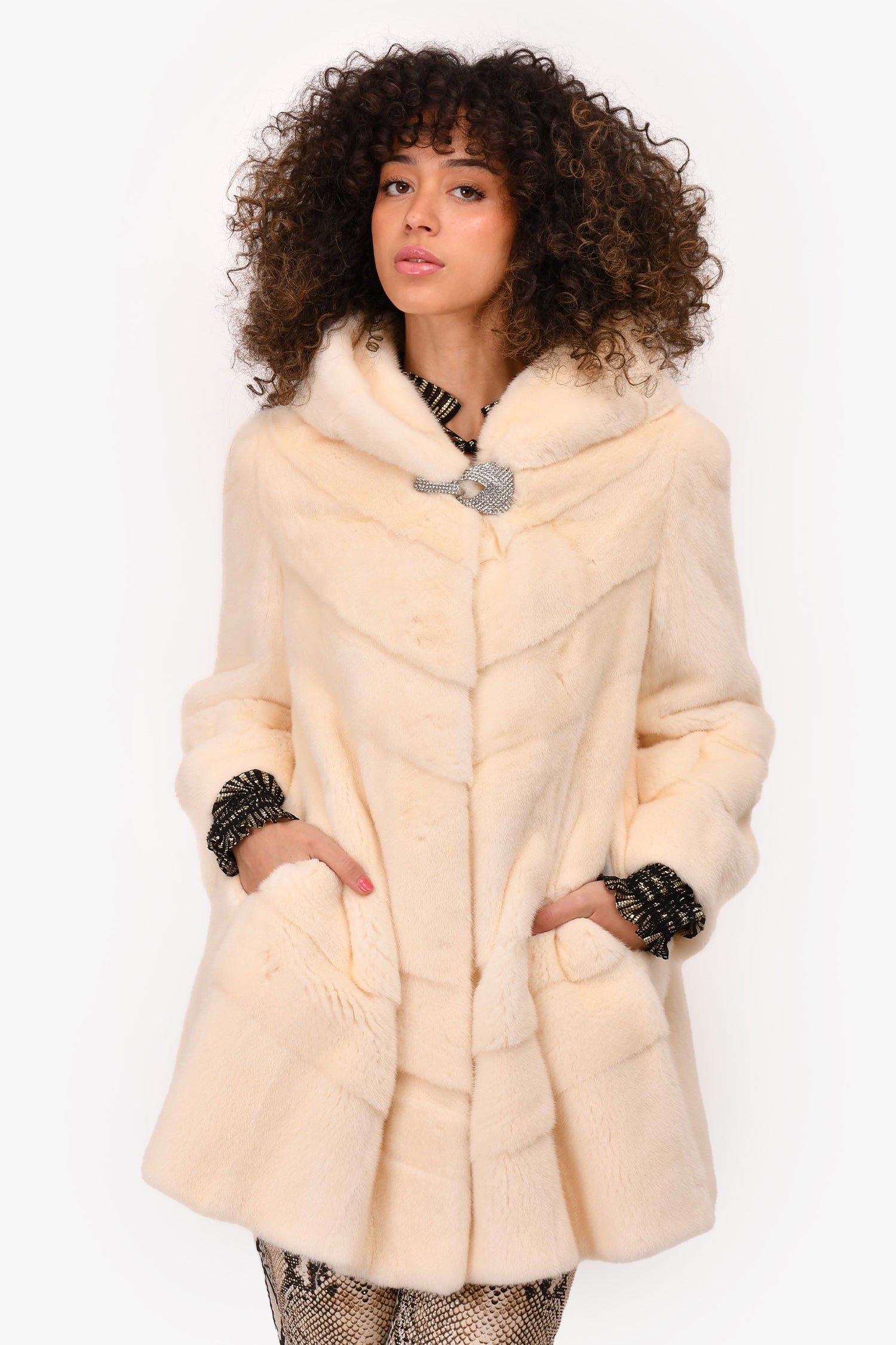 Royal Roland Cream Mink Fur Crystal Embellished Buckle Hooded