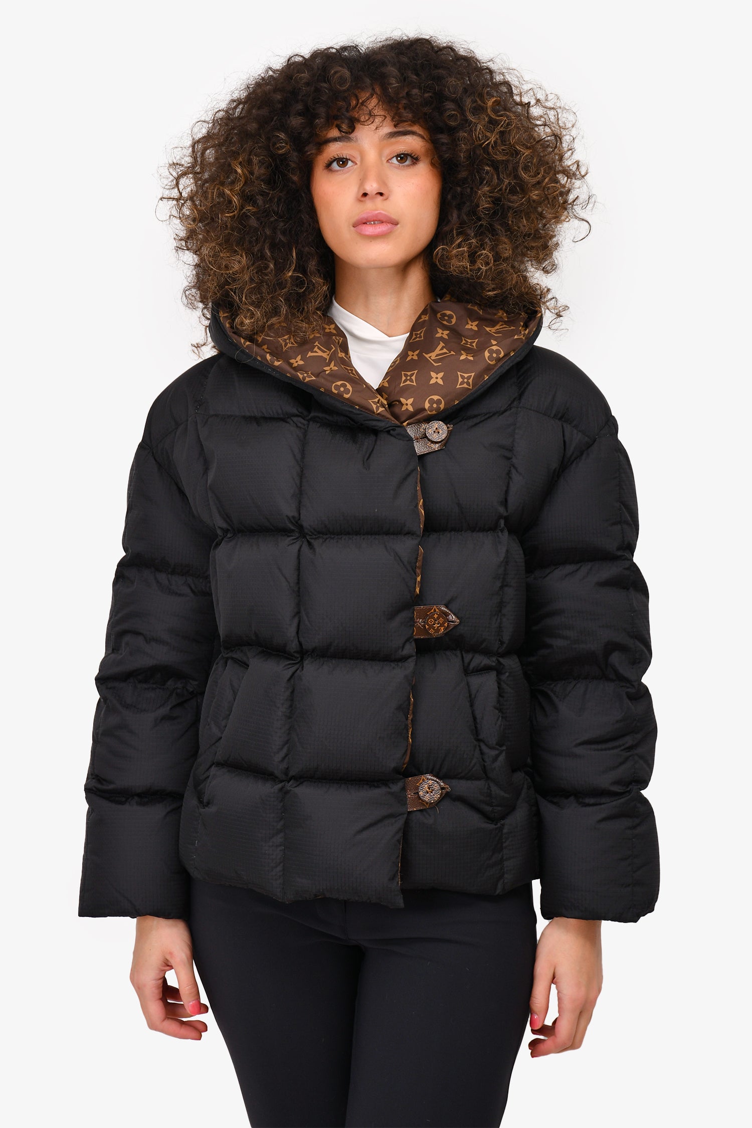 Louis Vuitton 2022 Black Leather Buckle Hooded Down Jacket