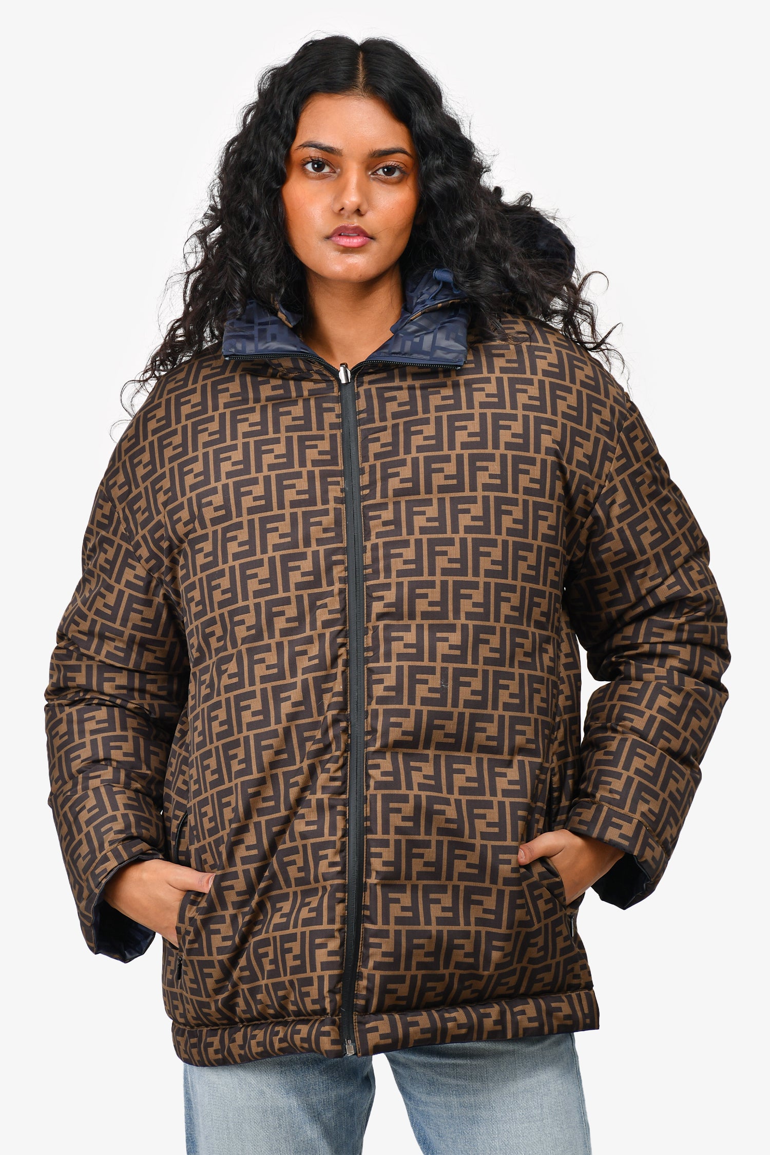Fendi Navy/Brown FF Monogram Reversible Hooded Zip Up Down Jacket