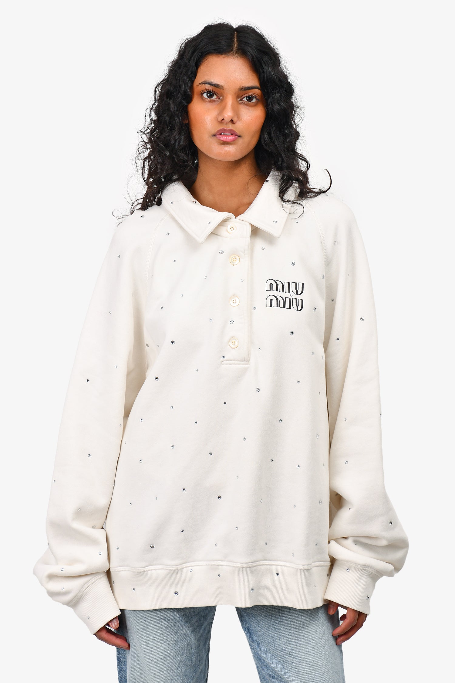 Miu Miu White Logo Crystal Embellished Oversize Polo Sweatshirt