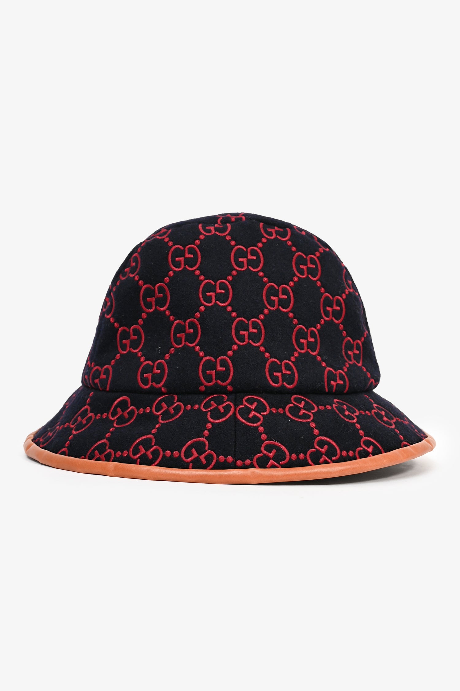 Gucci Navy/Burgundy GG Monogram Leather Trimmed Bucket Hat  display picture 1