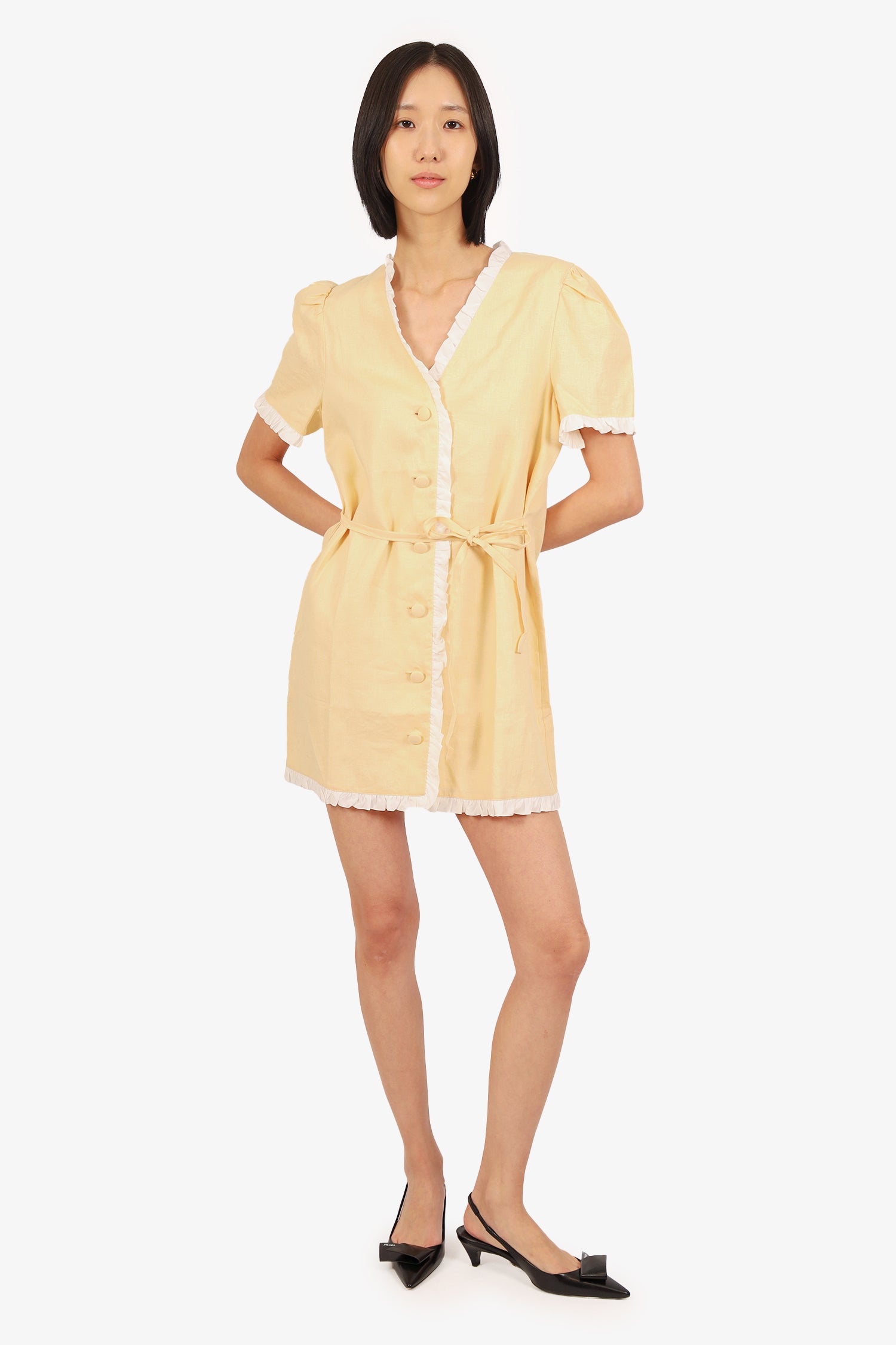breslyn linen dress Reformation Yellow/White Linen 'Breslyn' Dress Size Medium with Tags