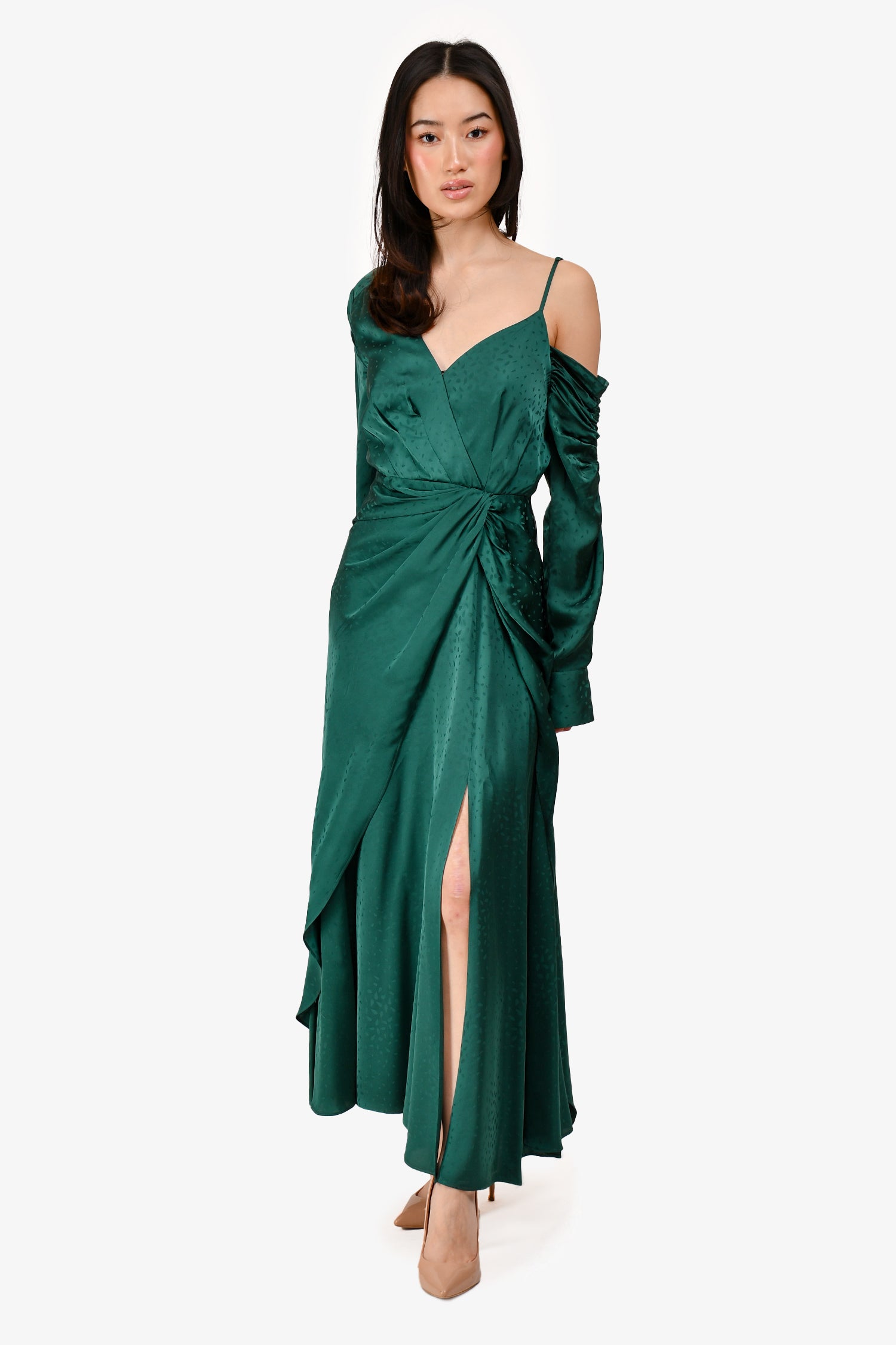 Self-Portrait Green Satin V-neck Midi Dress Size 4