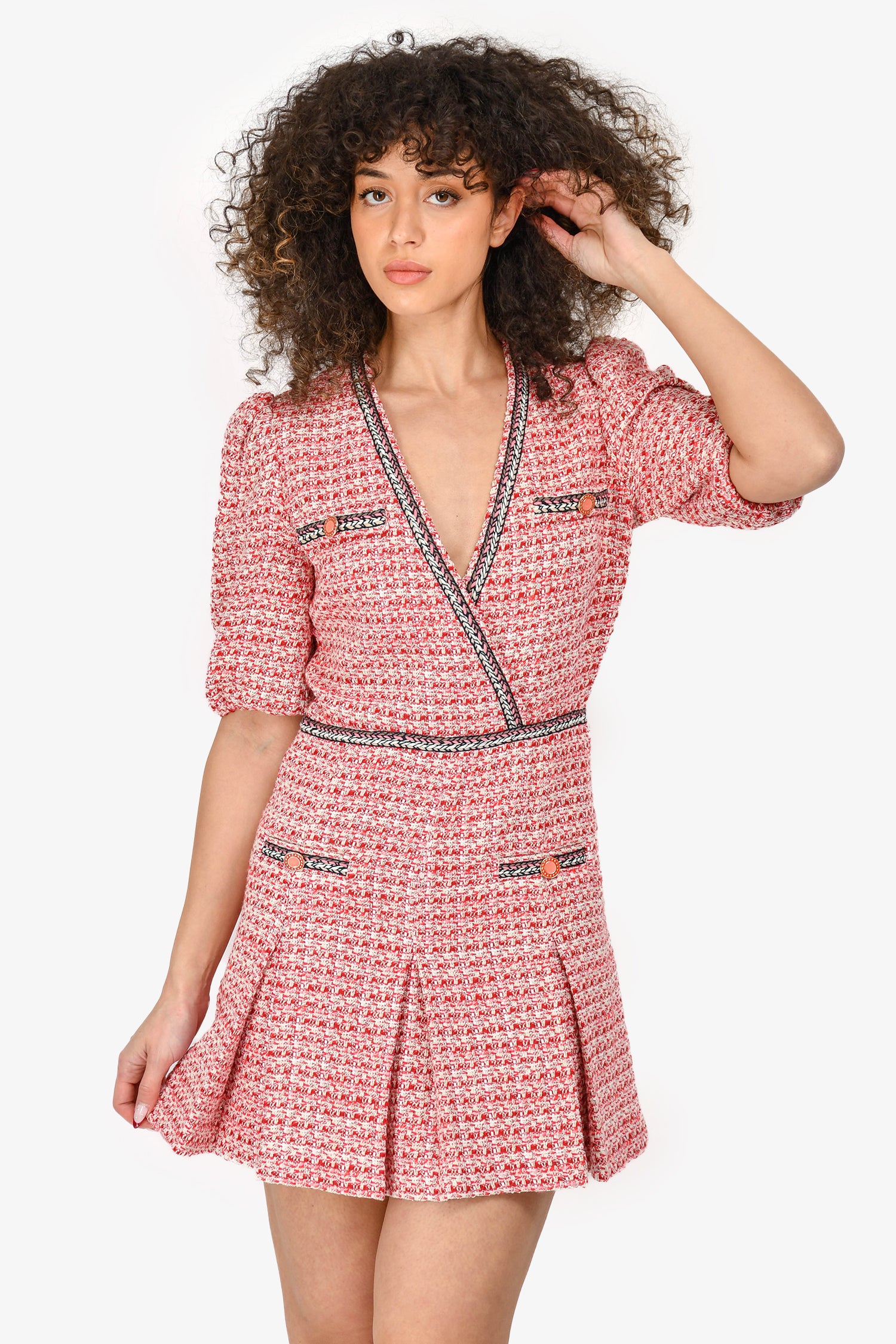 Maje Red Tweed V Neck Short Sleeve Mini Dress Size 36 – Mine & Yours