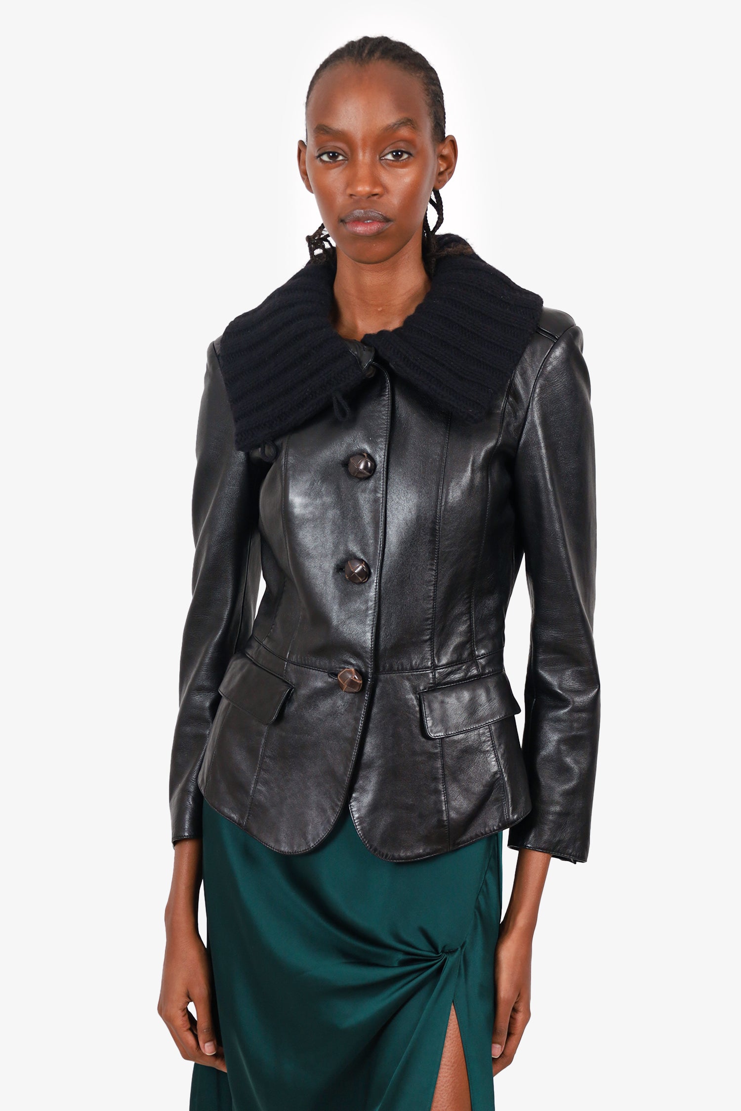 Burberry Black Leather Jacket with Removable Knit Collar Size 40 