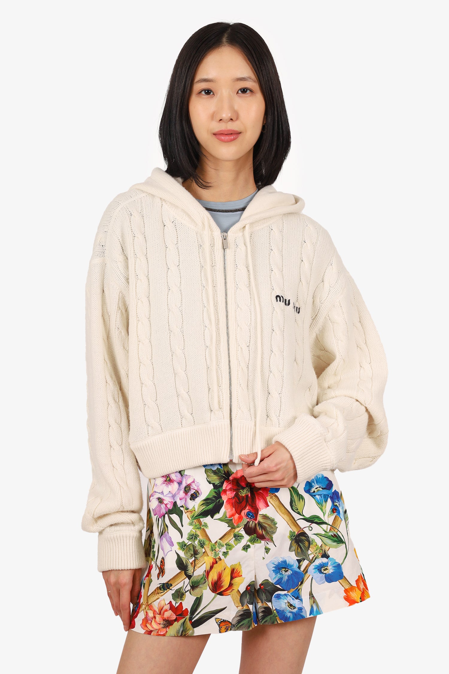 Miu Miu Cream Wool/Cashmere Embroidered Logo Cable-Knit Zip-up