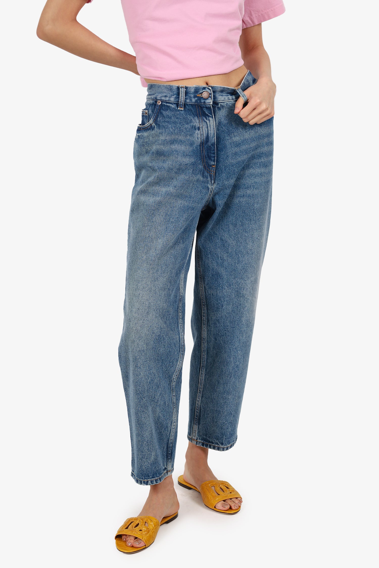 Prada Blue Denim Triangle Logo Wide Leg Jeans Size 27 – Mine & Yours