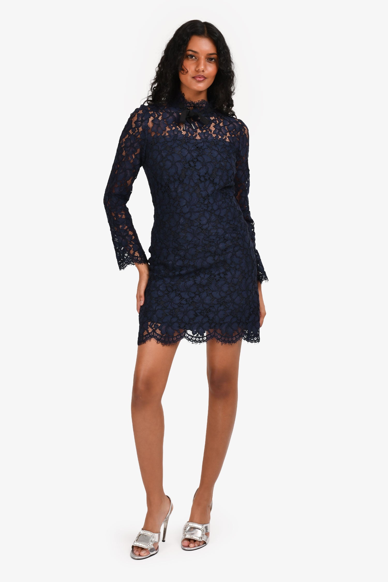 chinese dress ladies Sandro Blue Lace Long Sleeve Neck Tie Midi Dress Size 1 – Mine & Yours
