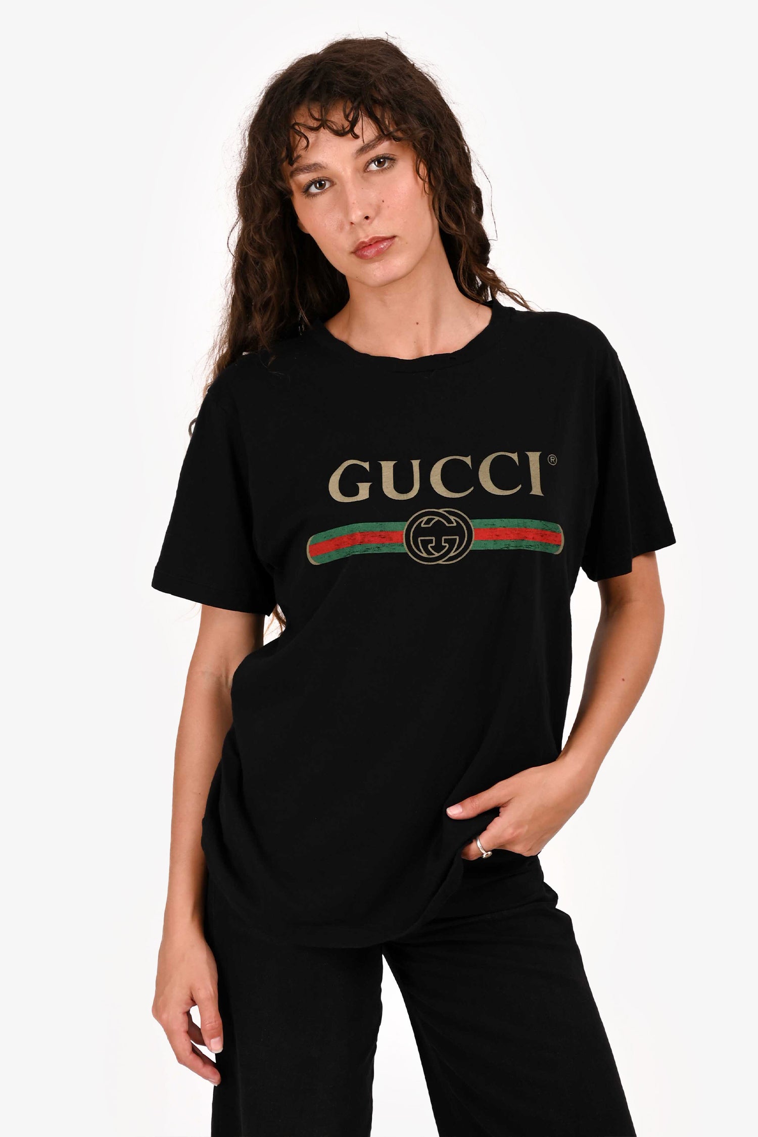 Gucci Black Logo T-Shirt with Embroidered Flower Patch Size XS (As 