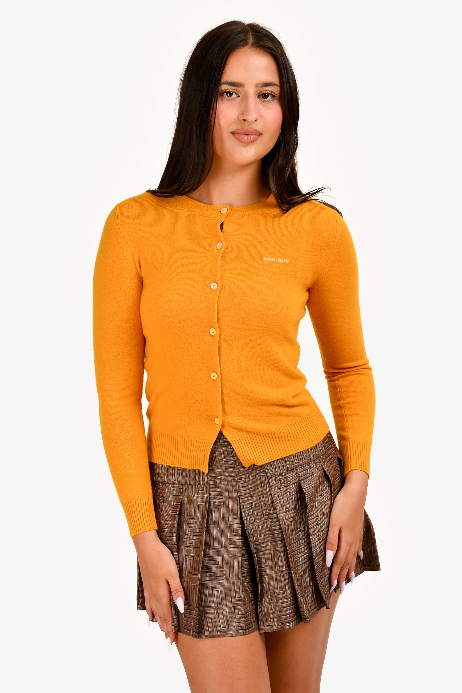 Miu Miu 2024 Mustard Yellow Cashmere Logo Cardigan Size 36 – Mine