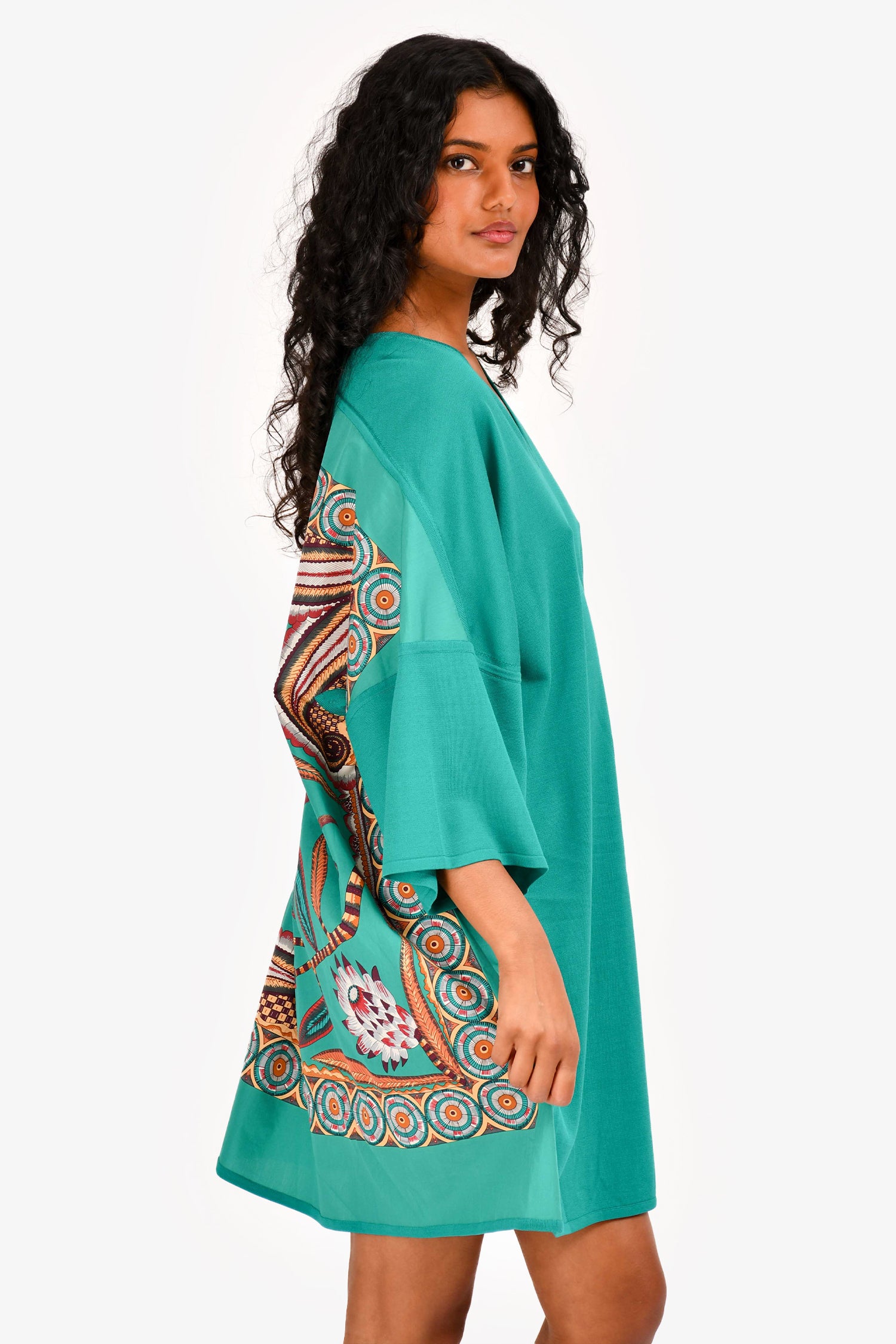 Herms Green Knit/Cotton V-Neck Printed Dress Size 38  Mine & Yours