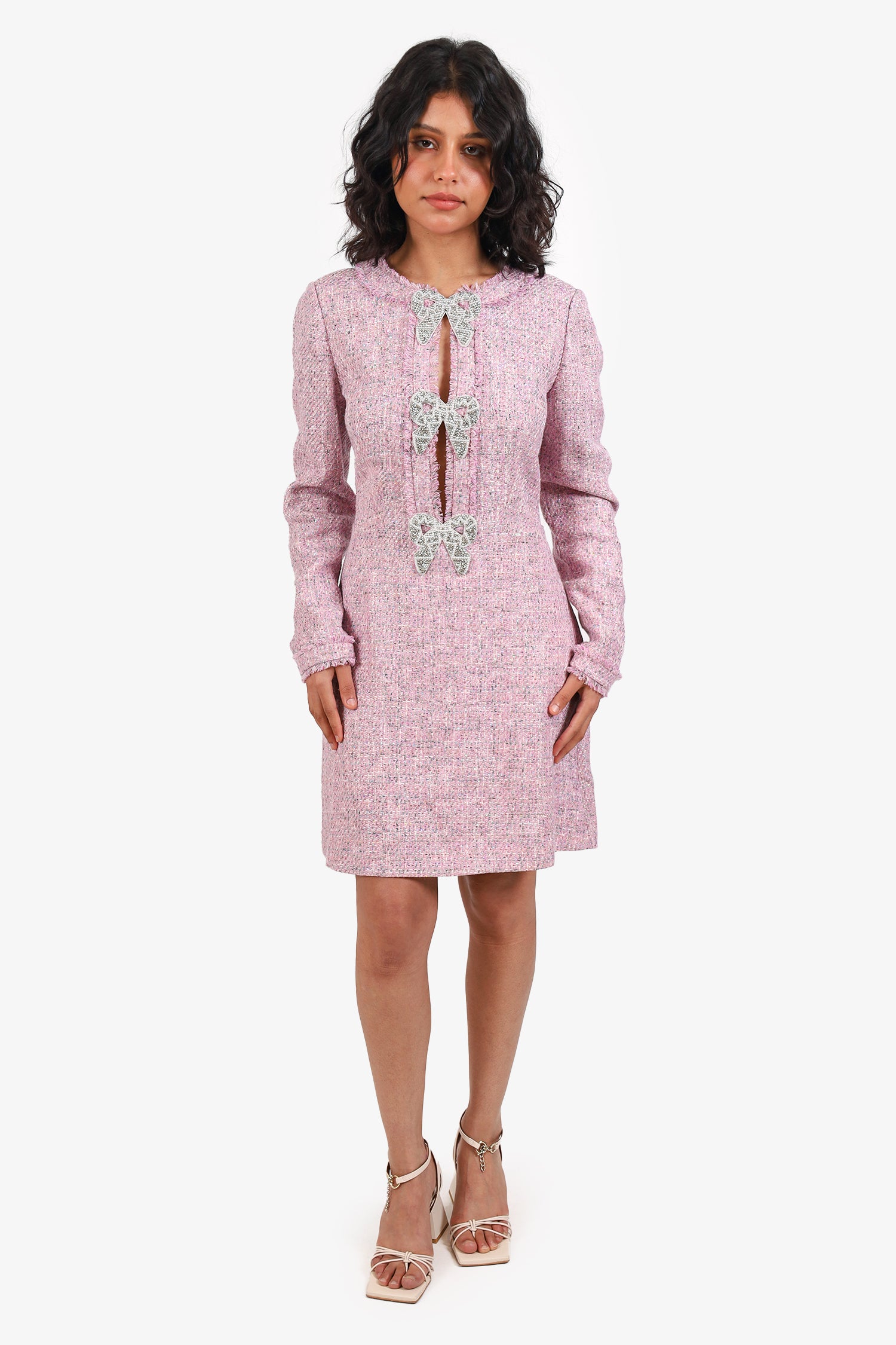 saloni bow dress pink SALONI Camille Crystal-Bow Crepe Mini Dress