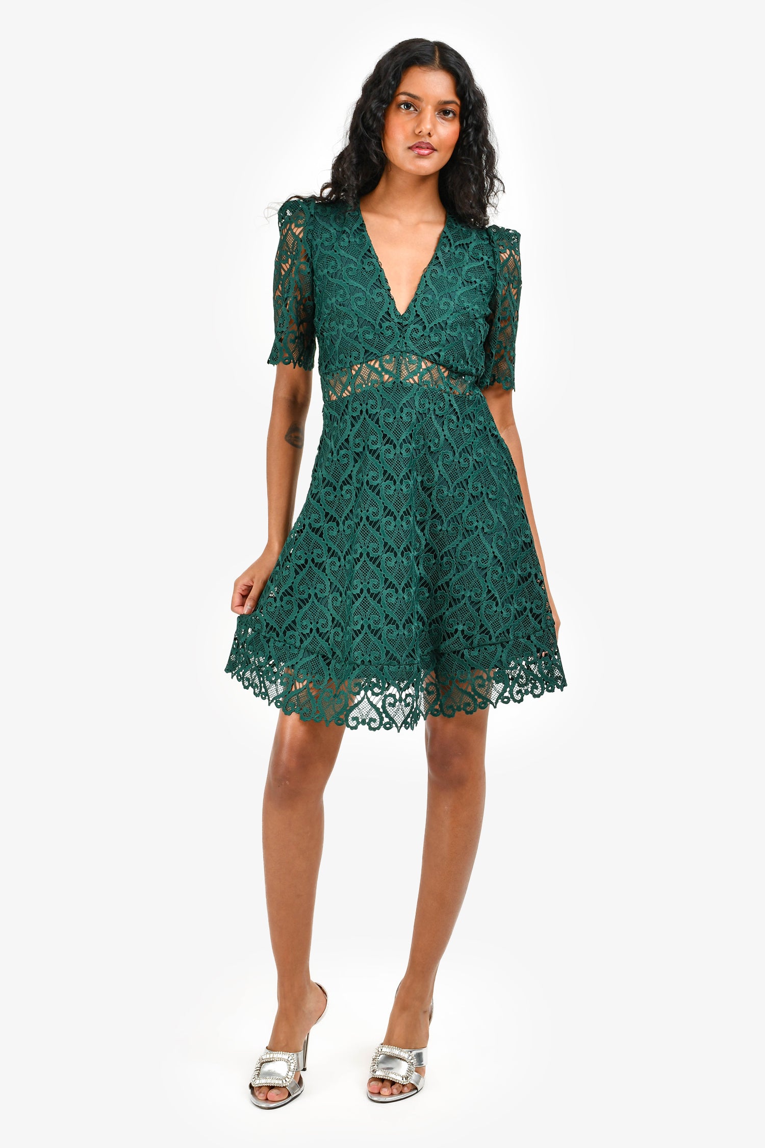 slim fit dress slacks Sandro Green Lace V Neck Mini Dress Size 34