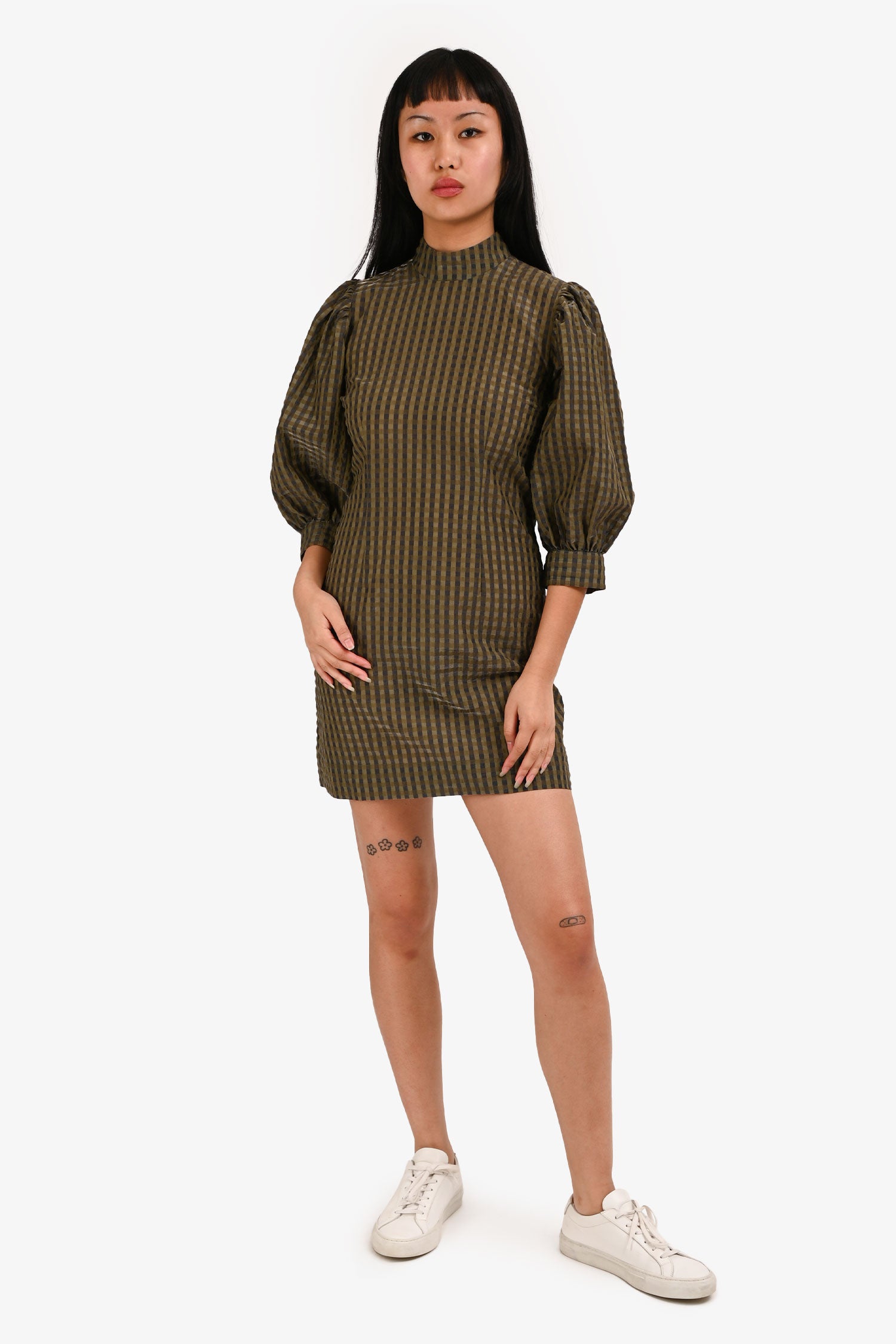 ganni green plaid dress Ganni Green Woven Plaid Puff Sleeve Mock Neck Mini Dress Size 34 – Mine &  Yours