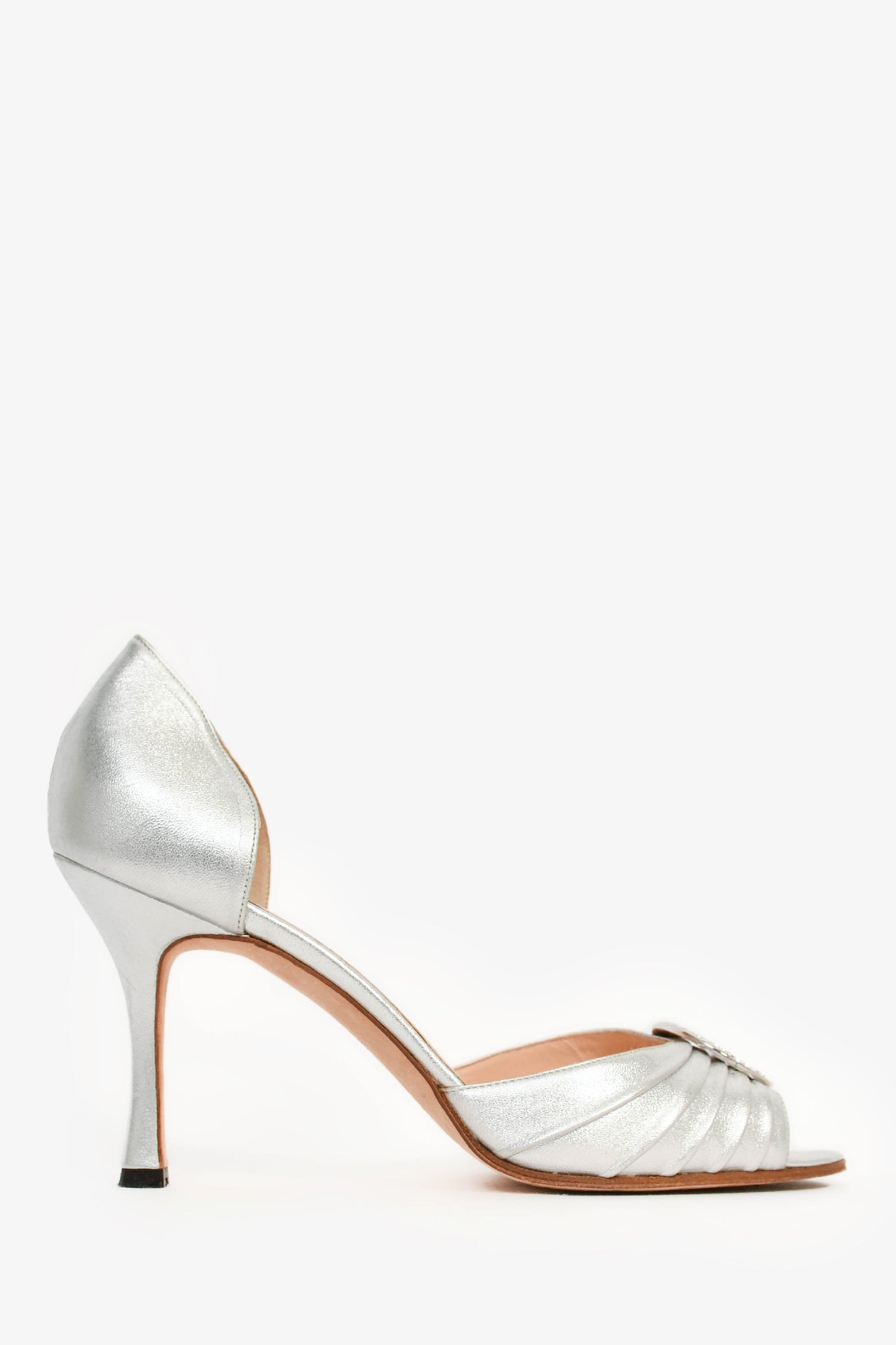 MANOLO BLAHNIK LISTONYシルバー Manolo Blahnik Silver Leather Crystal Buckle 'Sedaraby' Heels Size