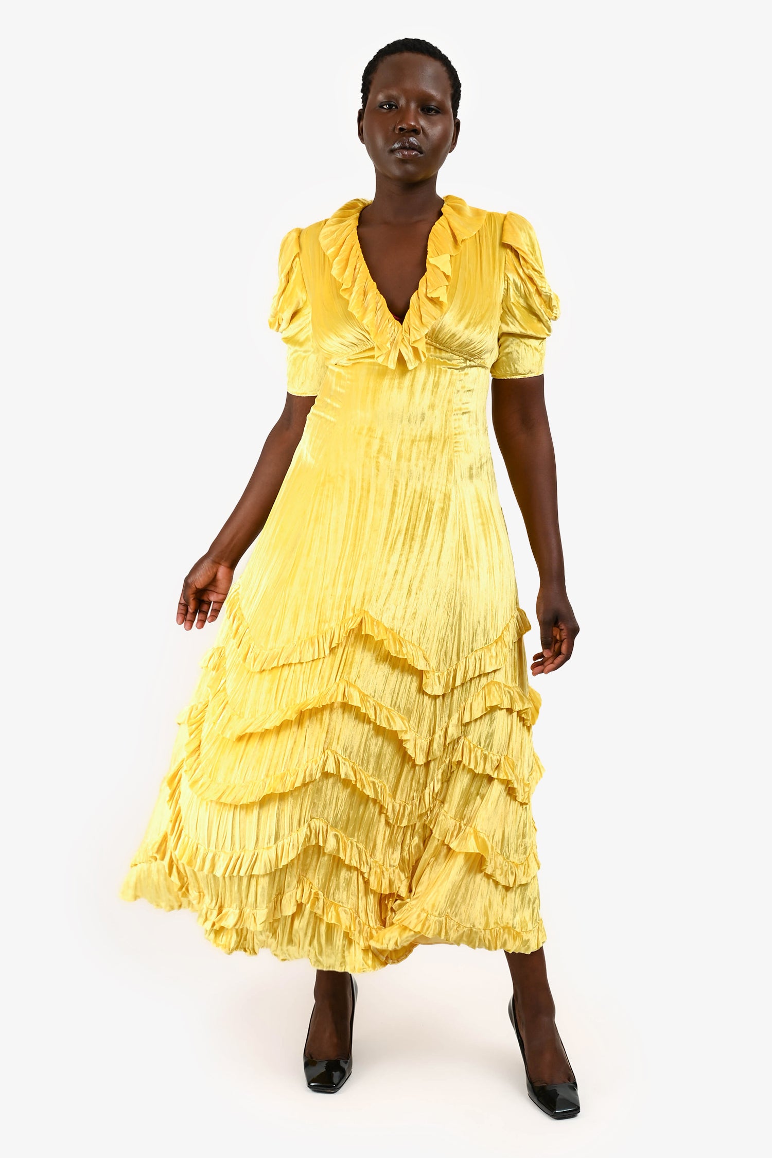 Miu Miu 2020 Yellow Velvet V Neck Ruffle Midi Dress Size 42 – Mine & Yours
