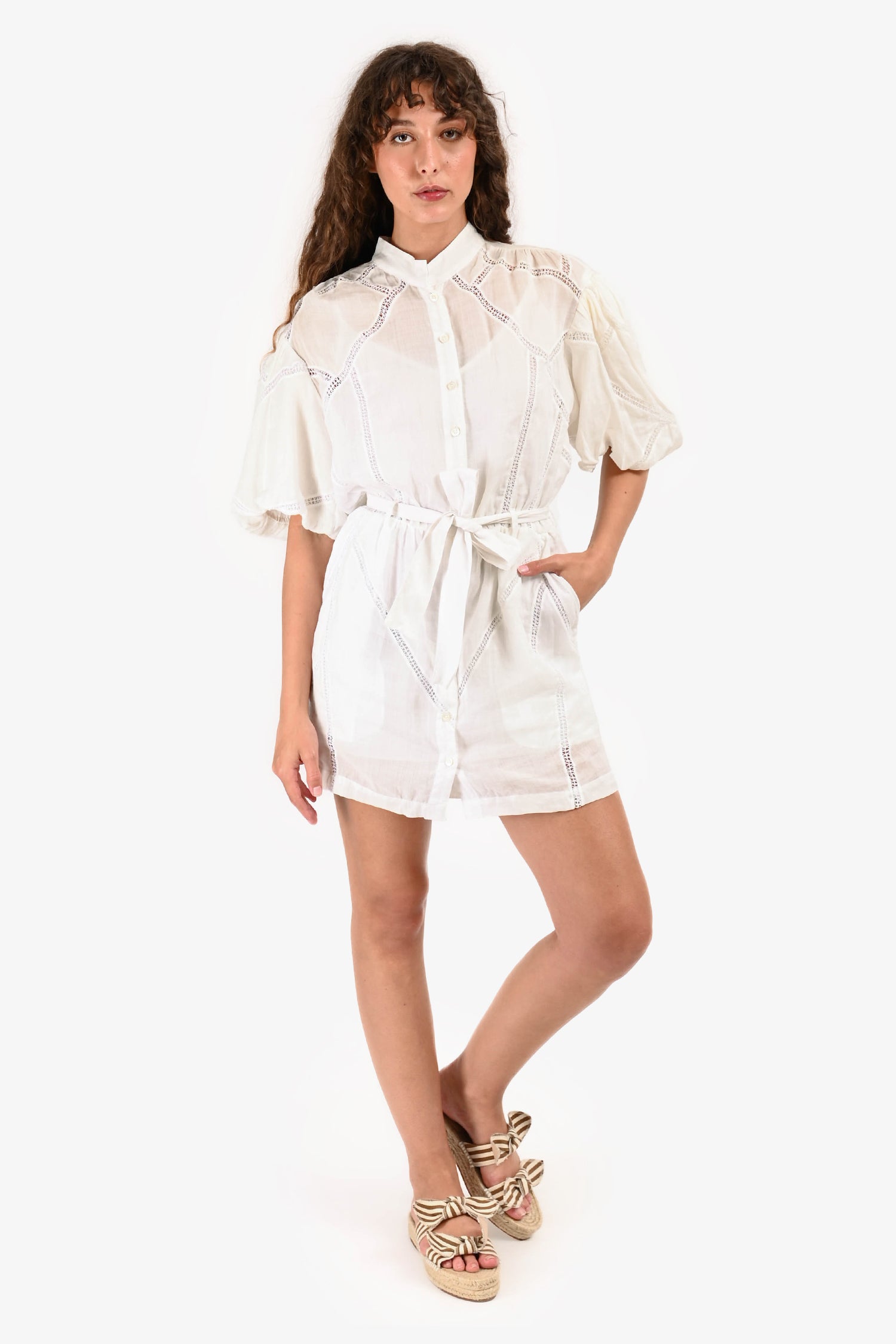 Frame White Inset Lace Puff Sleeve Dress with Waist Tie Size S – Mine &  Yours