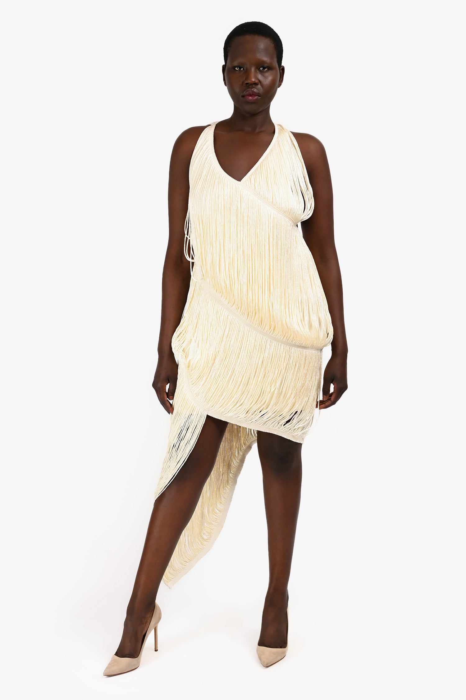 Loewe Cream Fringe Asymmetrical V Neck Dress Size M Mine & Yours Loewe Cream Fringe Asymmetrical V Neck Dress Size M Mine & Yours