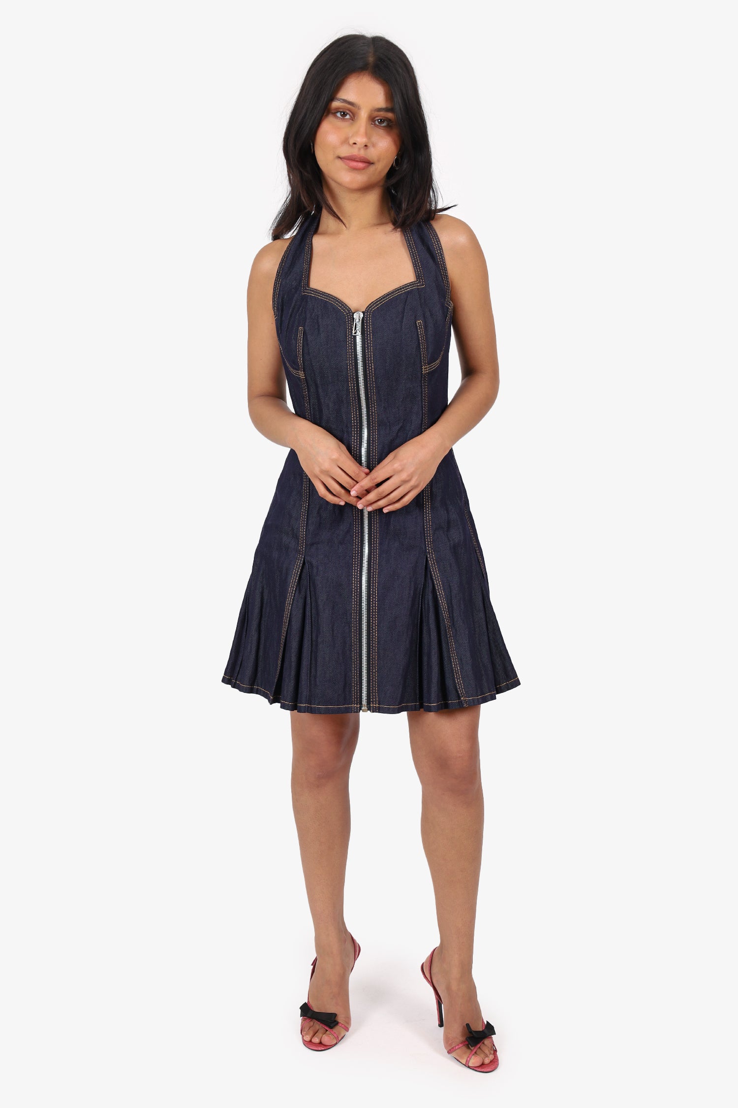 Bottega Veneta Navy Denim Zip-up Halter Neck Mini Dress Size 38 – Mine & Yours