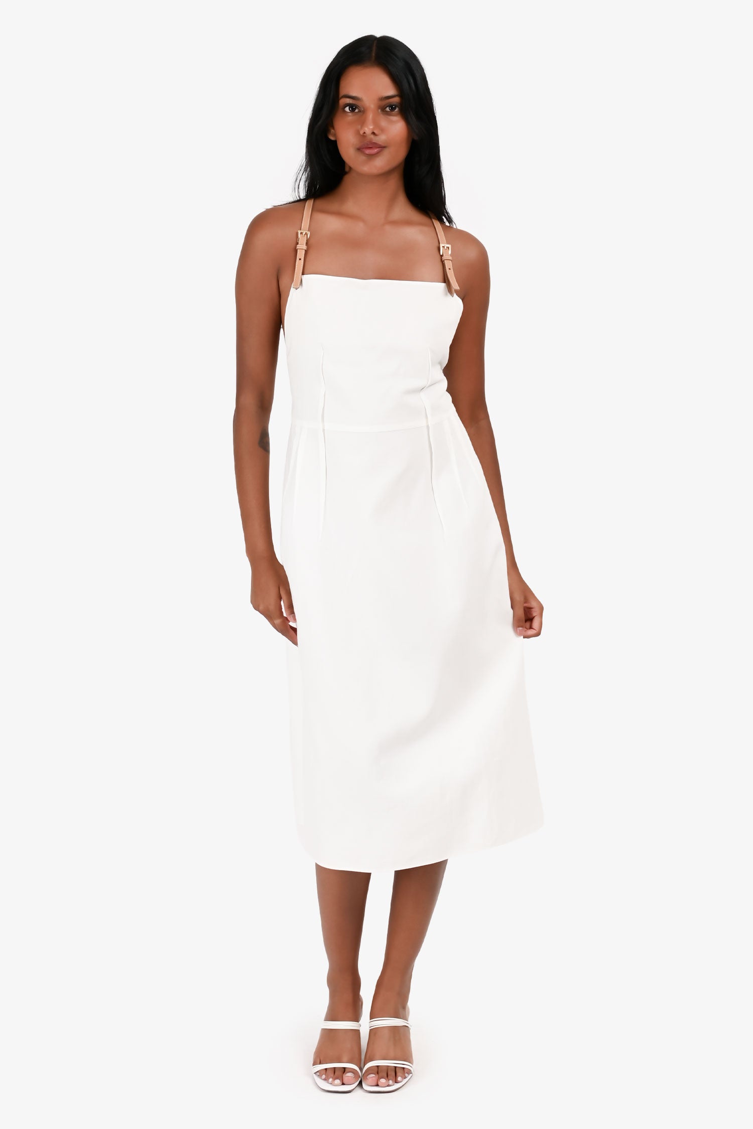 Prada 2023 White Linen/Cotton Brown Leather Strap Midi Dress Size