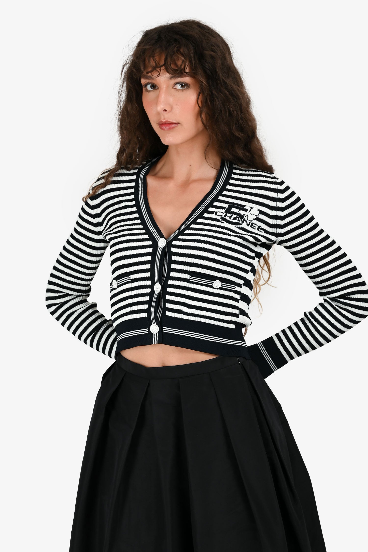 Pre-Loved Chanel™ Cruise 2023 Navy Blue/White Striped Knit