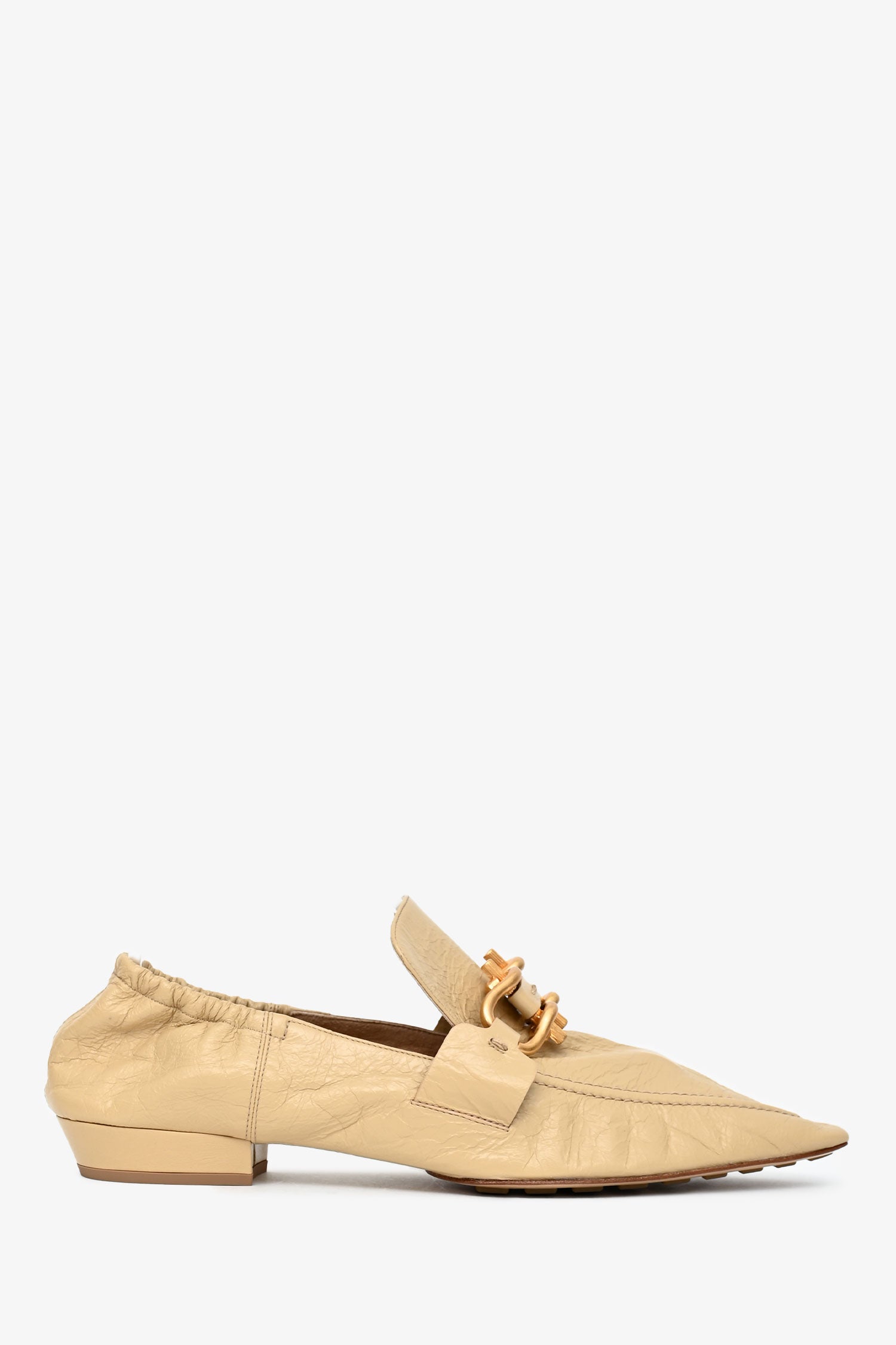 Bottega Veneta Beige Crinkled Leather Pointed Toe Gold Buckle