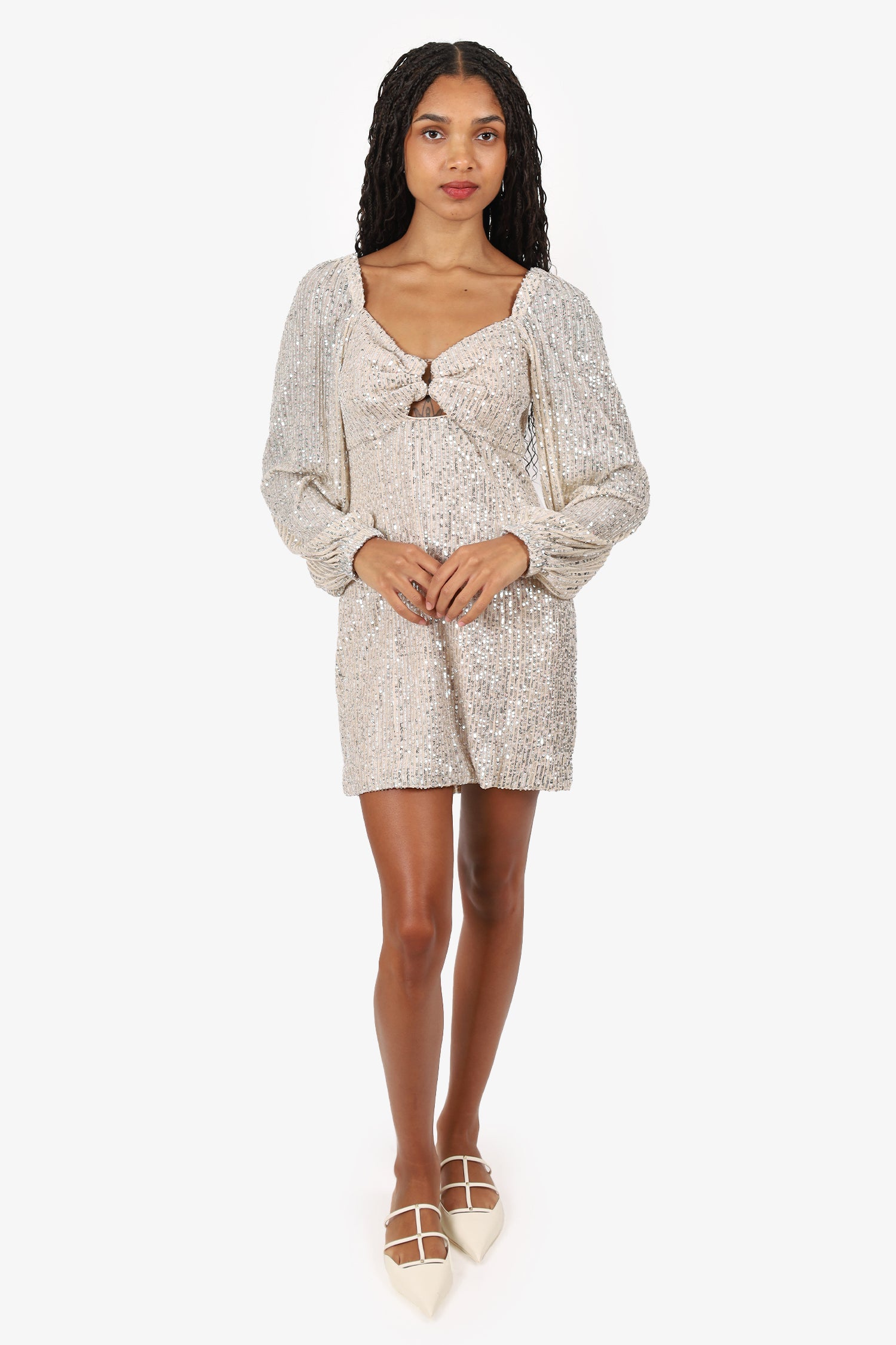 c/meo collective lustre mini dress C/MEO Collective Silver Sequin Long Sleeve 'Lustre' Mini Dress Size M