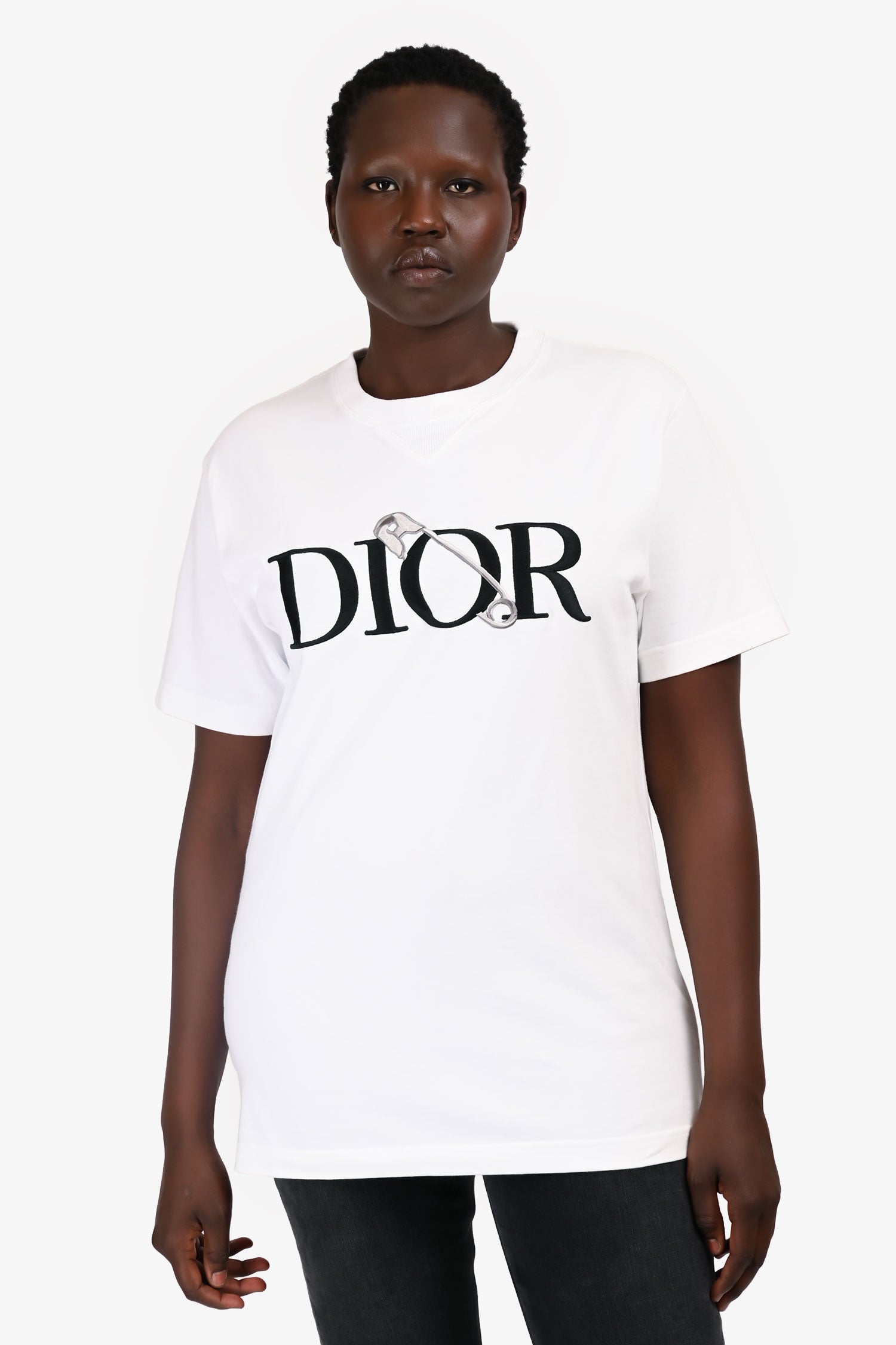 Christian Dior White Logo Safety Pin Embroidered Short Sleeve T