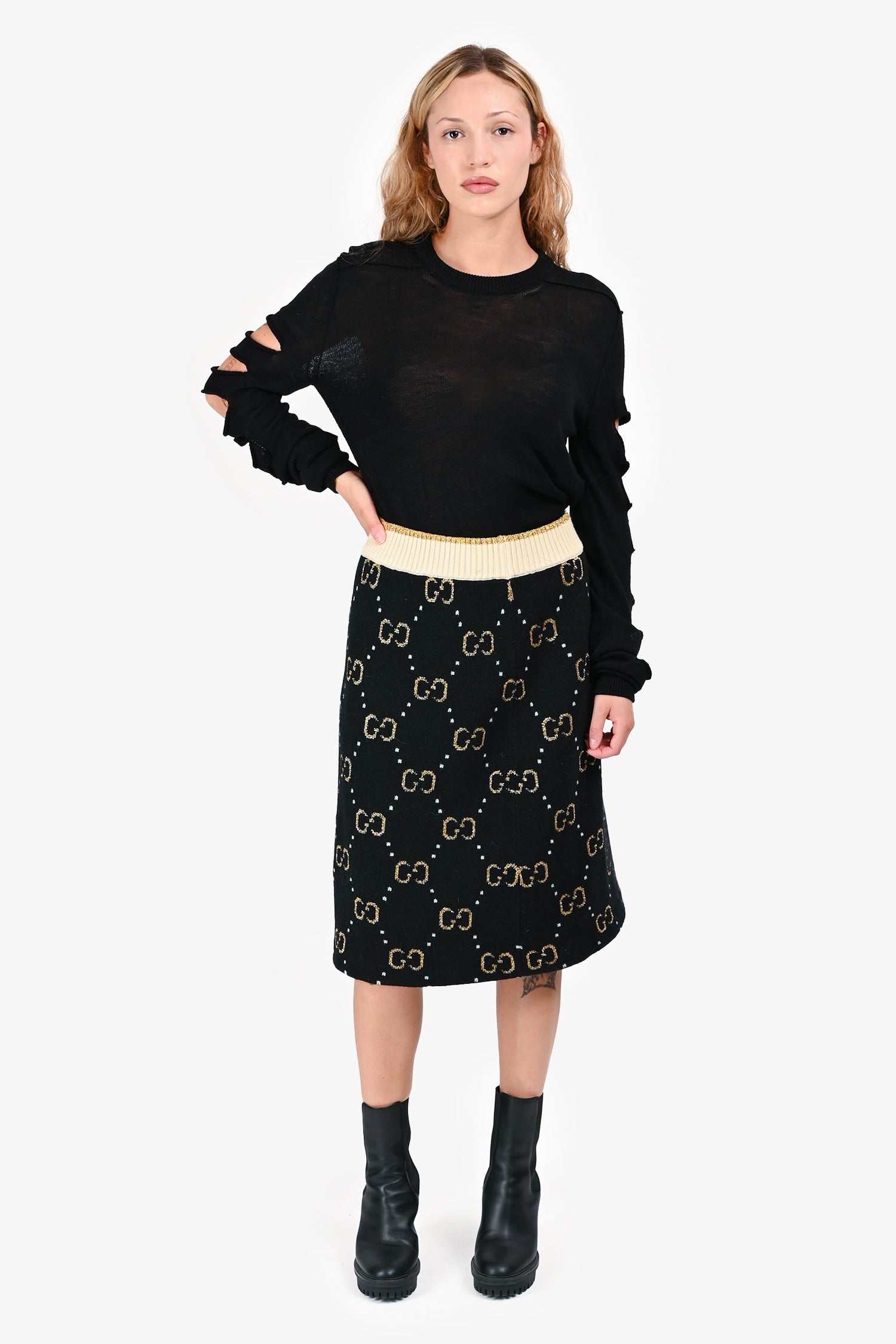 スカート GUCCI BLACK WOOL SKIRT Gucci Black/Gold Wool GG Logo Midi Skirt Size M – Mine & Yours