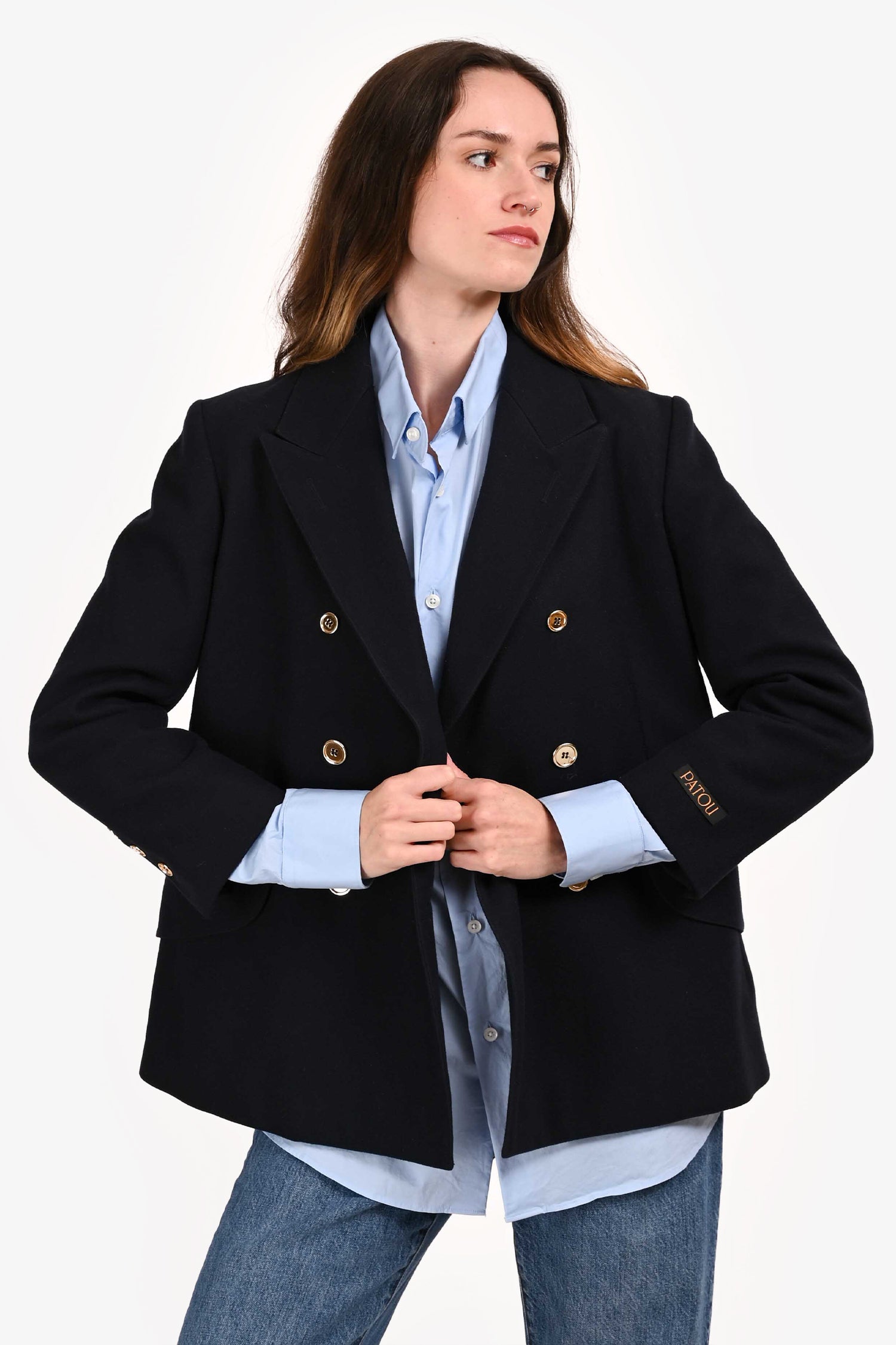 Patou Navy Blue Virgin Wool/Cashmere Double Breasted Short Coat