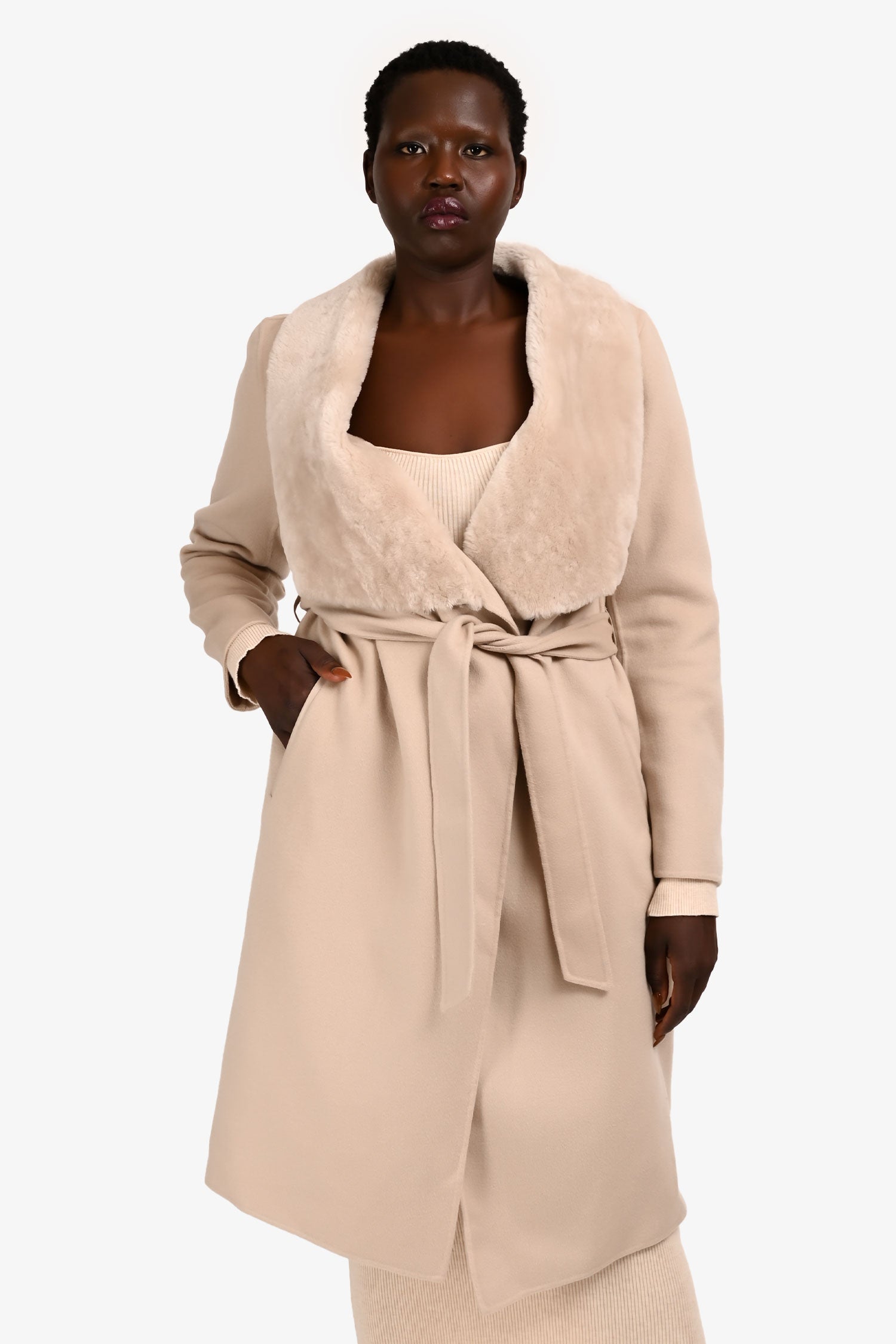 Mackage Beige Wool Belted Fur Trim 'Sybil' Coat Size L – Mine Yours
