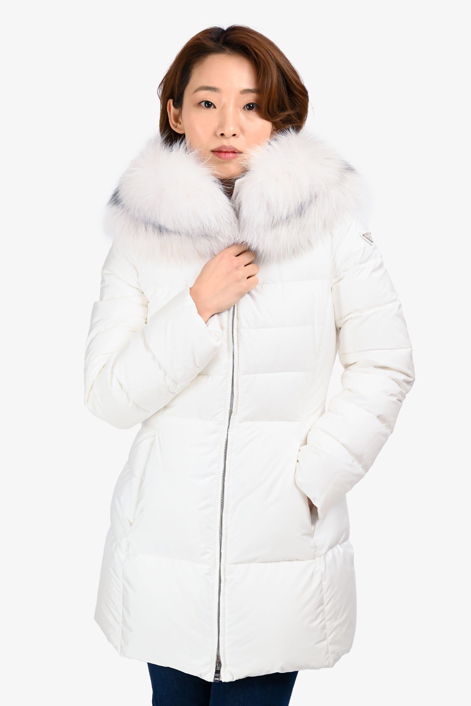 PRADA ホワイト ファーコート サイズ38 Prada White Nylon Down Puffer Jacket With Fox Fur Hood Size 38