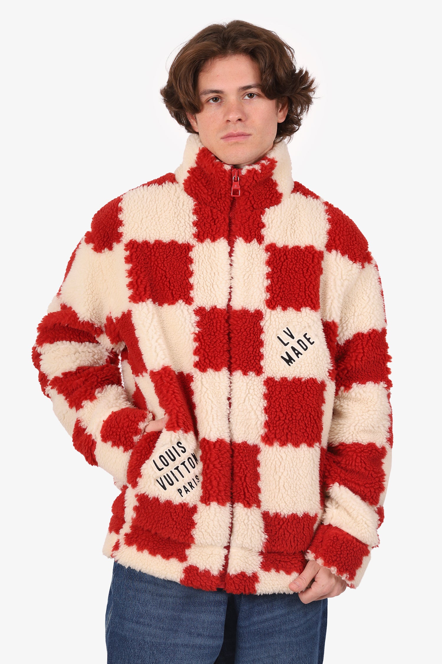 LOUIS VUITTON x Nigo モノグラムクロップドピーコート Louis Vuitton x Nigo 2022 Cream/Brick Red Checkered Fleece Zip-Up