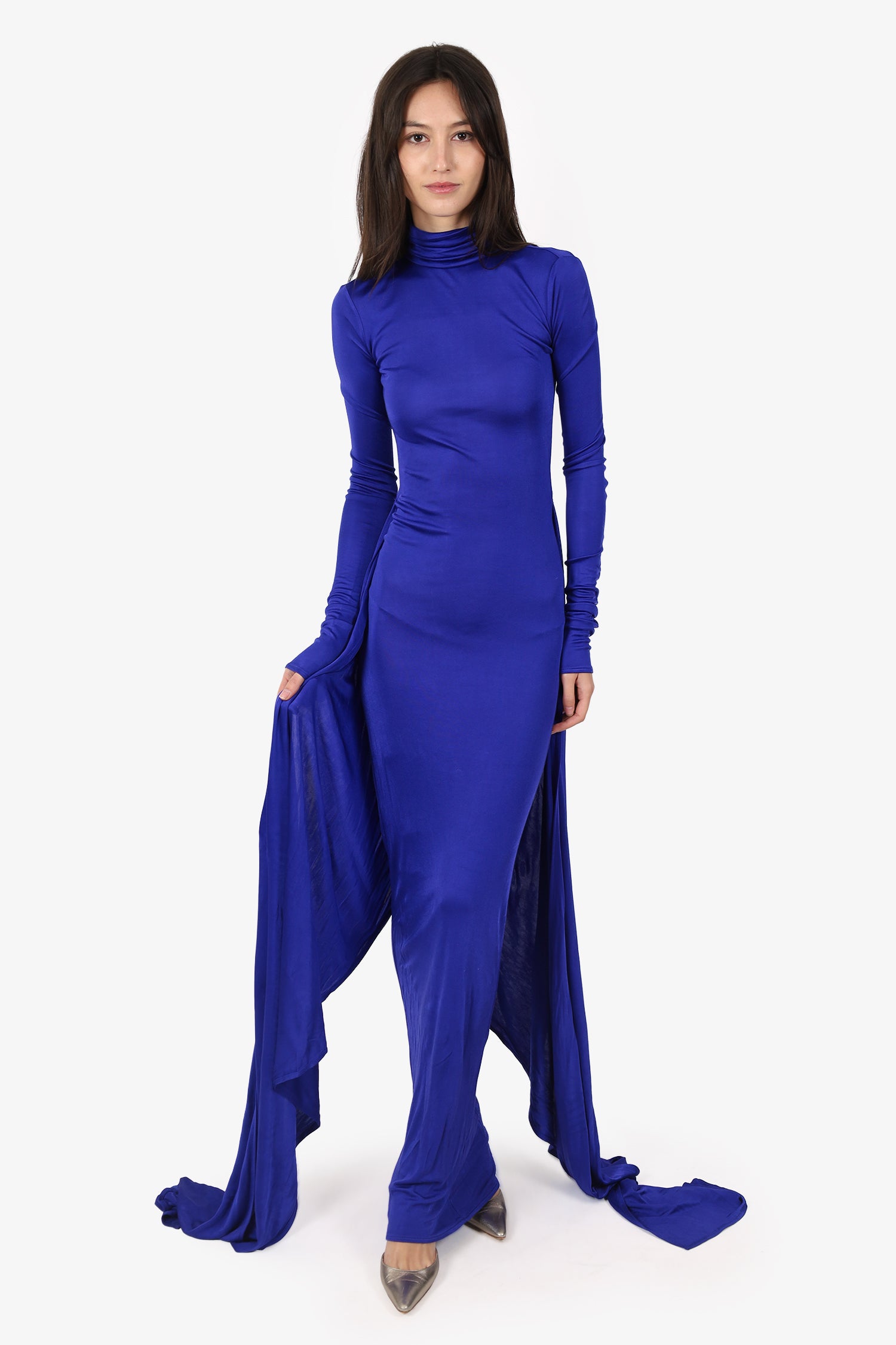Helsa Purple Slinky Jersey Long Sleeve Turtle Neck Gown Size XXS – Mine &  Yours