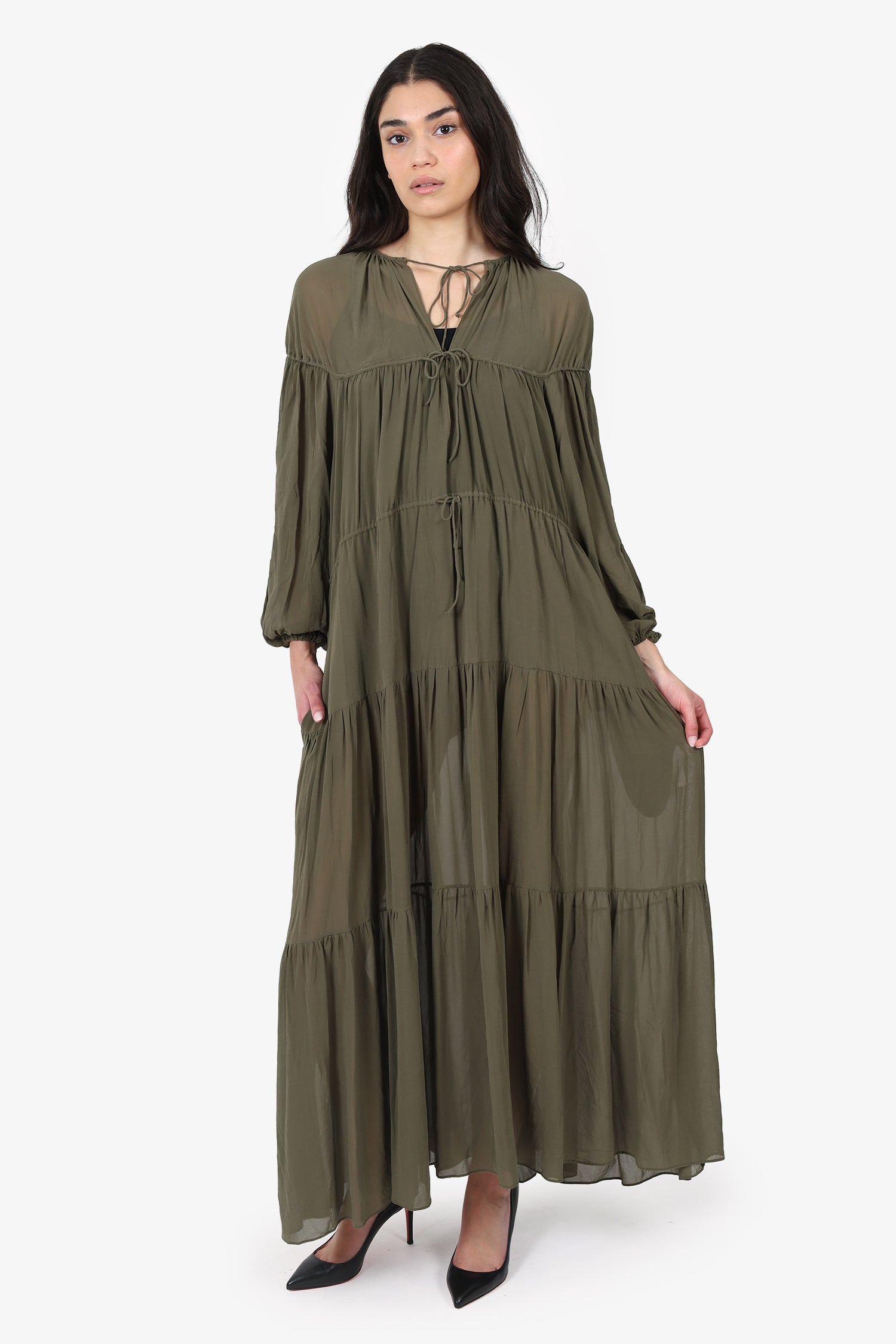 Matteau Khaki Green Silk Sheer Tiered Maxi Dress Size 6 – Mine & Yours