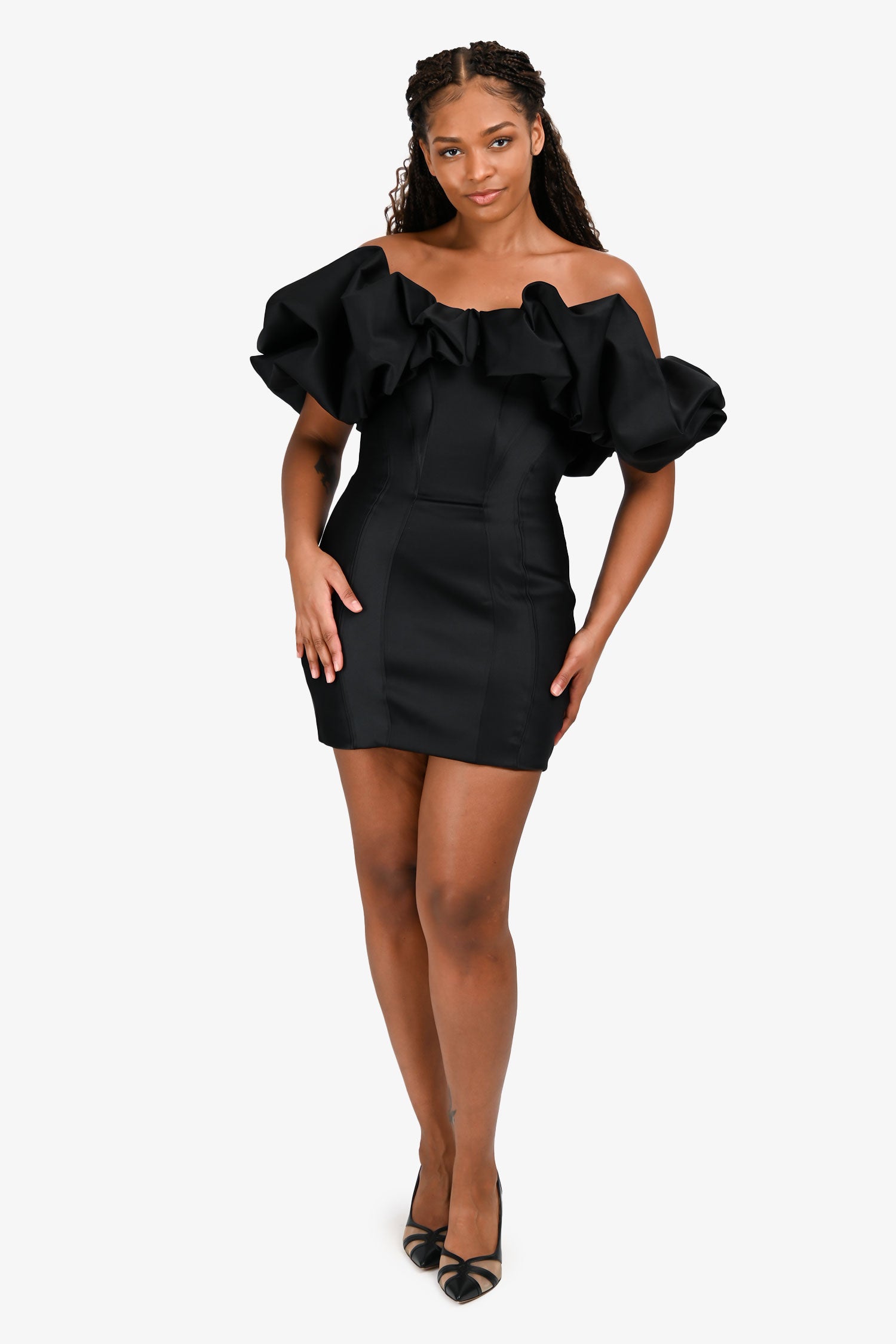 house of cb selena ruffle trim strapless satin mini dress House of CB Black Satin 'Selena' Ruffle Strapless Dress Size M