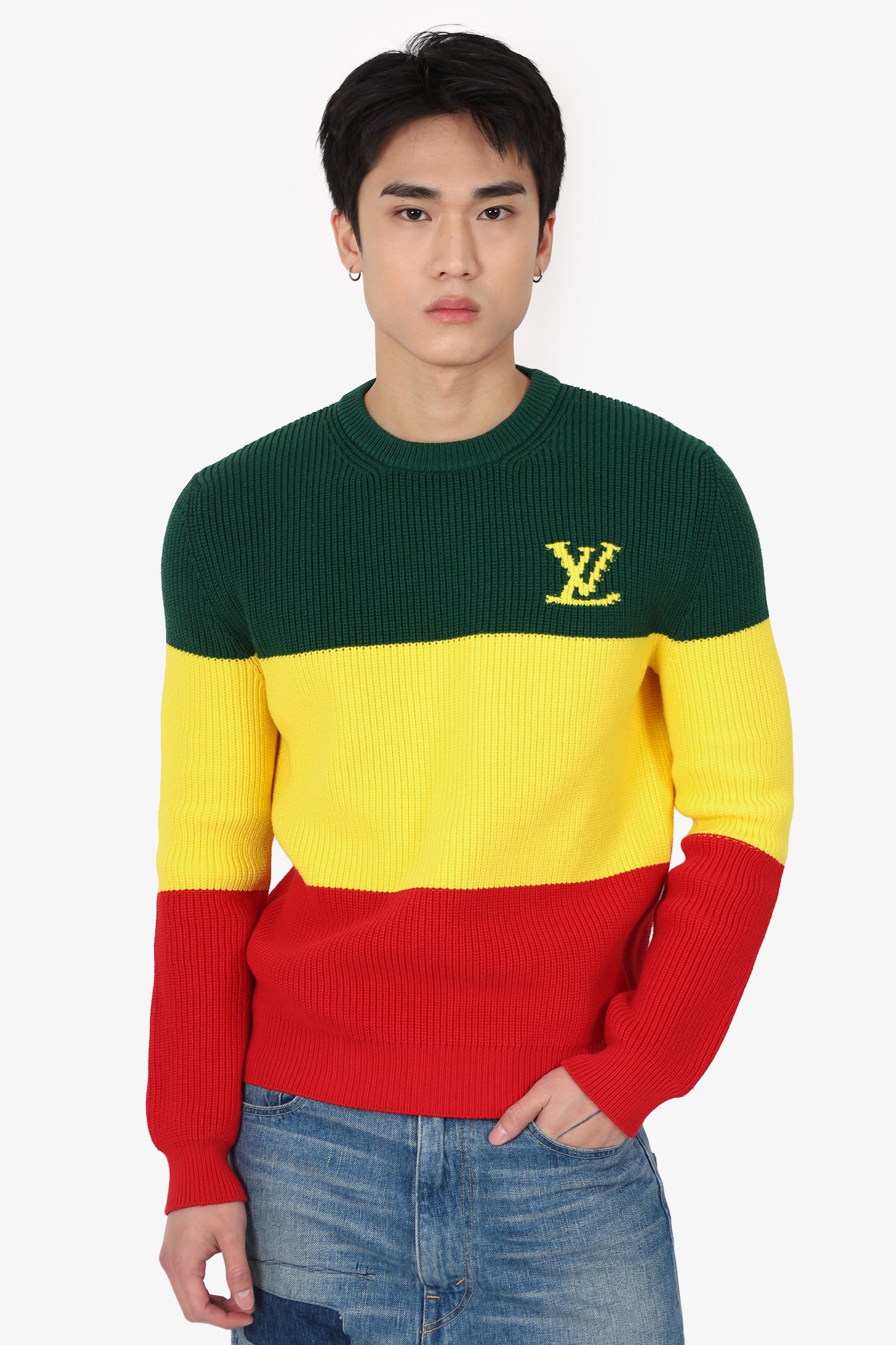 Louis Vuitton Green/Yellow/Red Knit Striped Long Sleeve 'LV