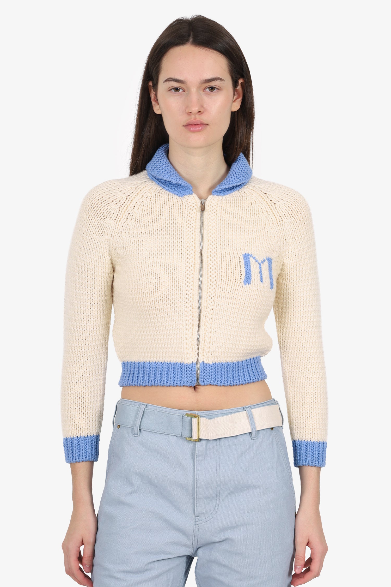 Miu Miu Cream/Blue Wool Train Knit 'Once Upon A Time' Zip Up
